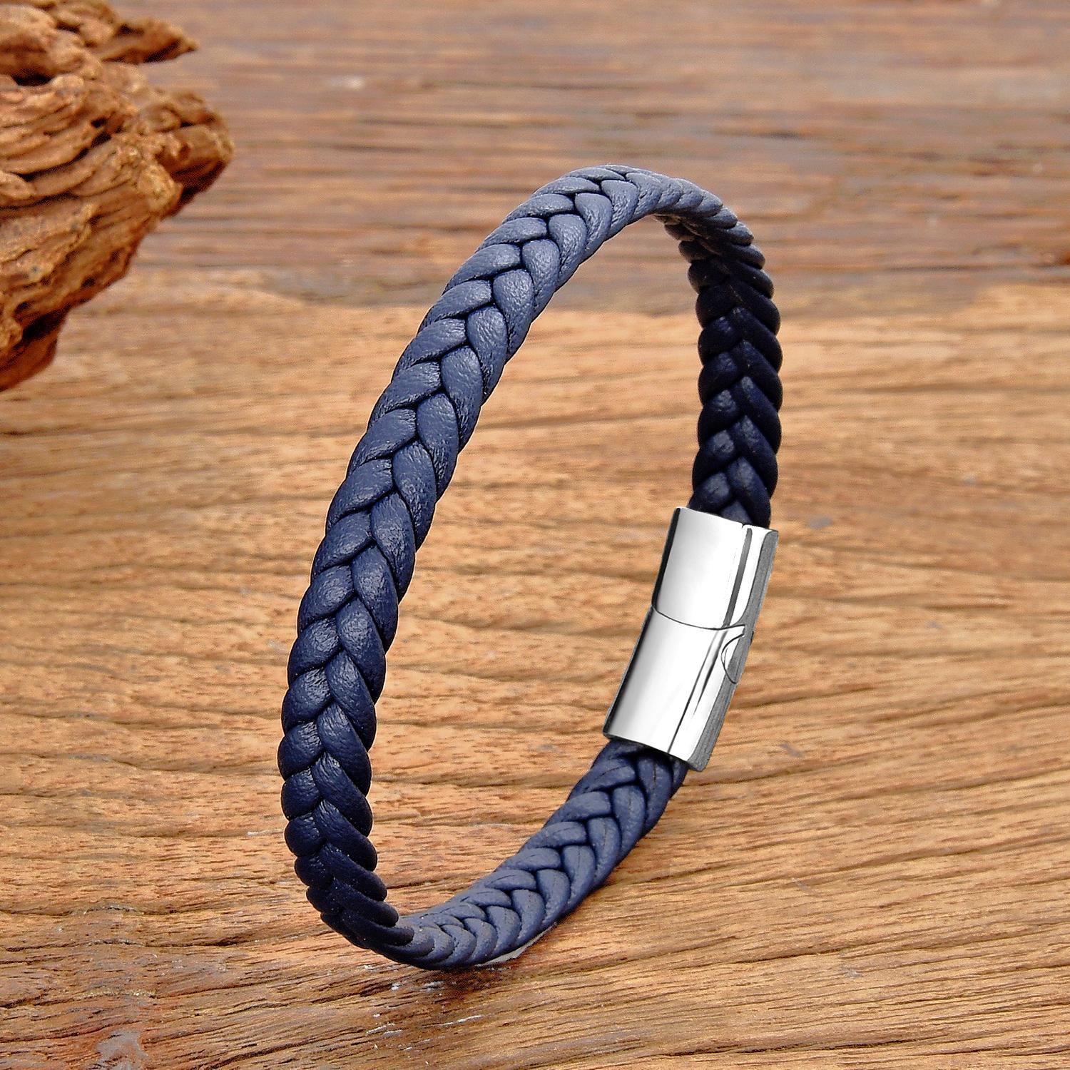 Simple Classic Stainless Steel Bracelet for Women & Men, Braided Leather Bangle