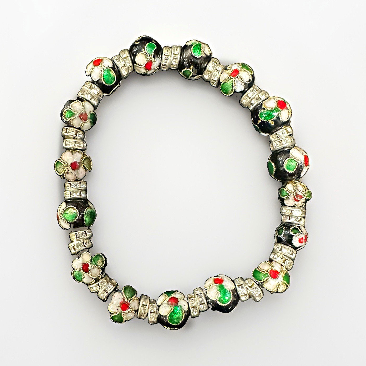 Black & Silver Tone Enamel Floral Beaded Stretch Bracelet