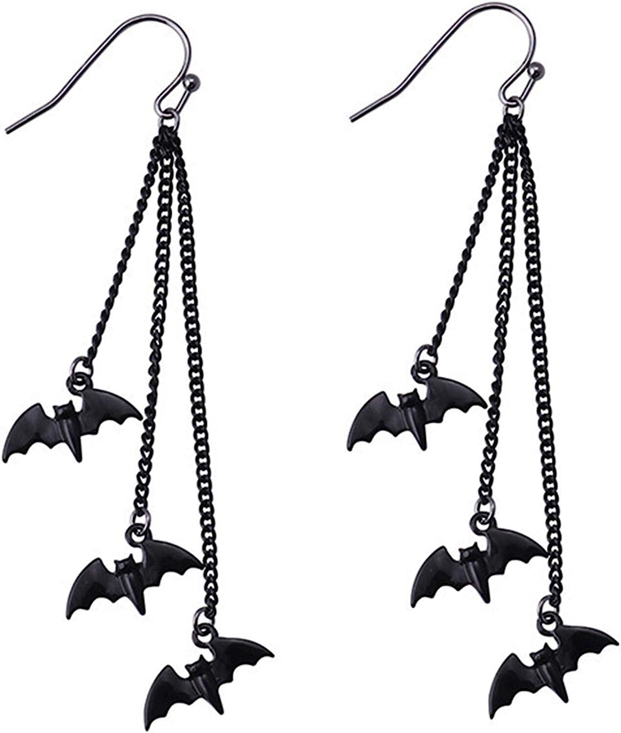 Black Bat Goth Dangle Earrings – Halloween, Punk Earring Jewelry – Vampire