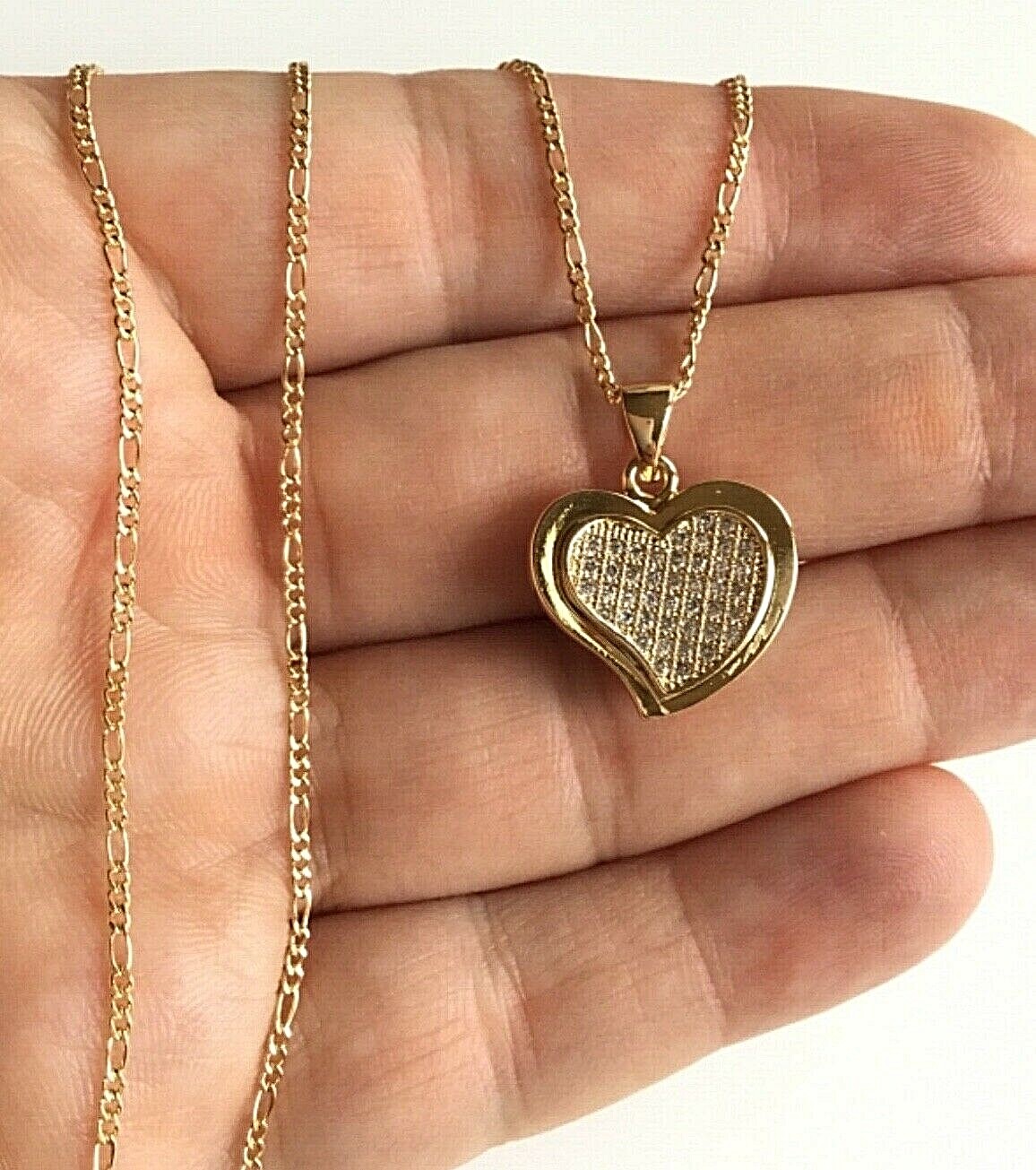 18K GOLD FILLED CZ HEART LOVE NECKLACE 18″ LONG/CADENA DE CORAZON 18″- 22x19mm