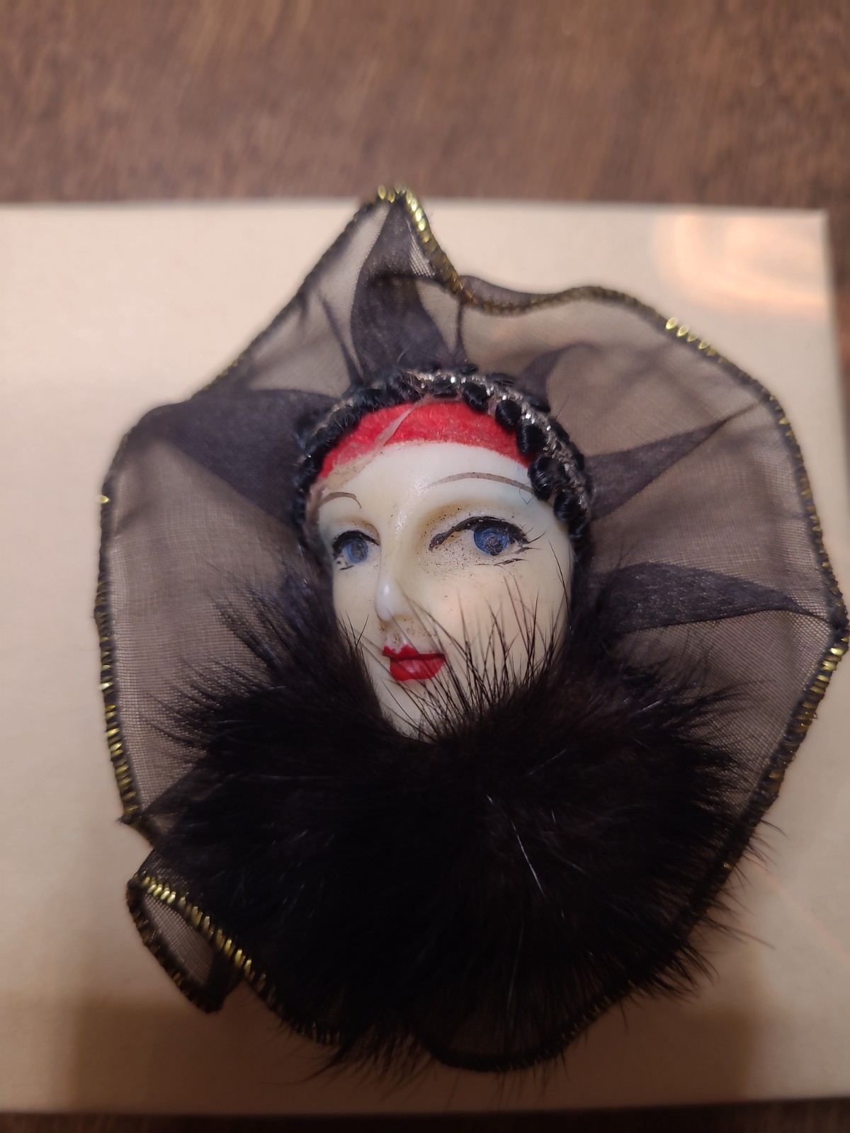 Vintage Lady Face Brooch Black Tulle Veil Faux Fur Hand Painted Mask