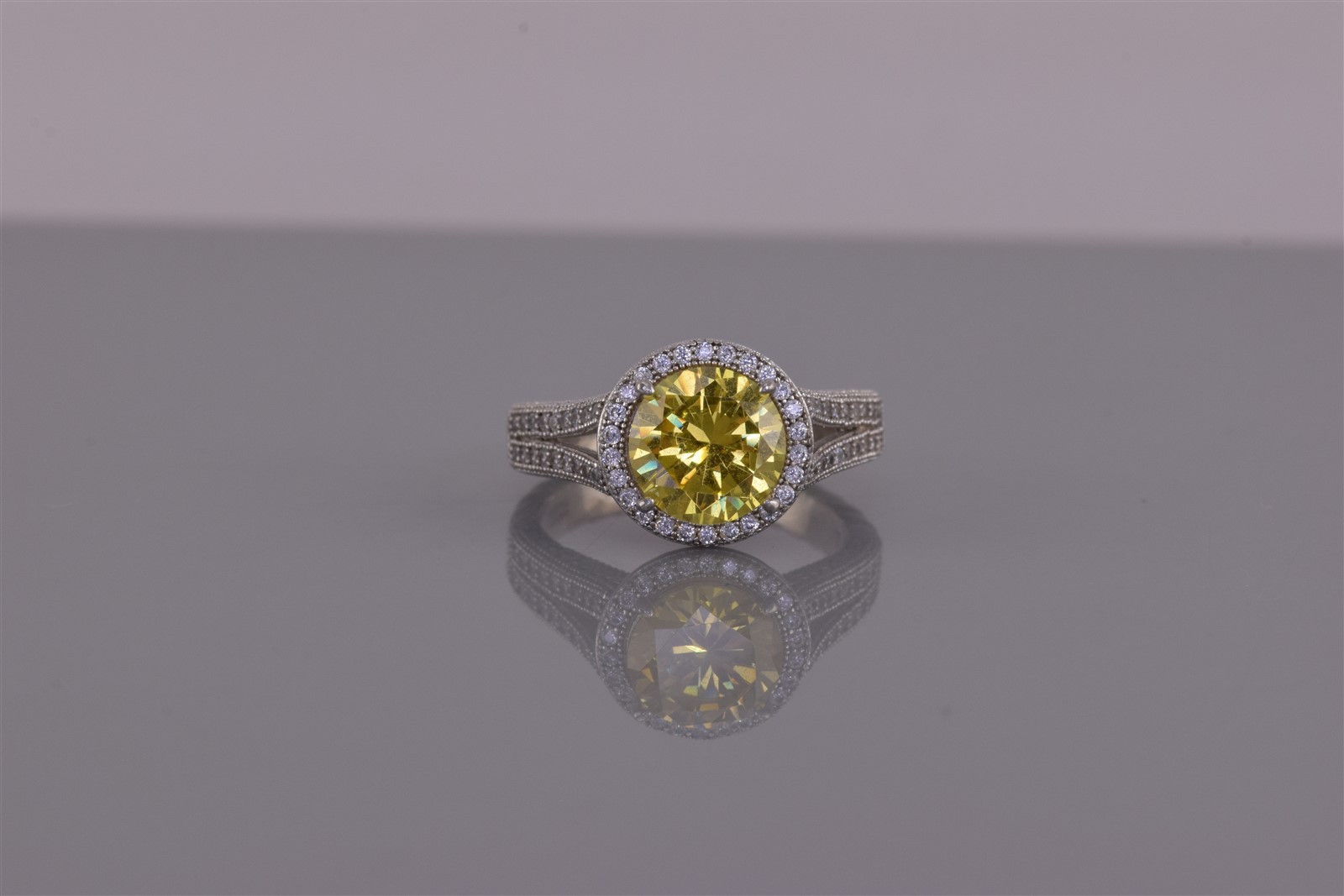 Sterling Silver Yellow Cubic Zirconia Halo Accented Split Band Ring 925 Sz: 5