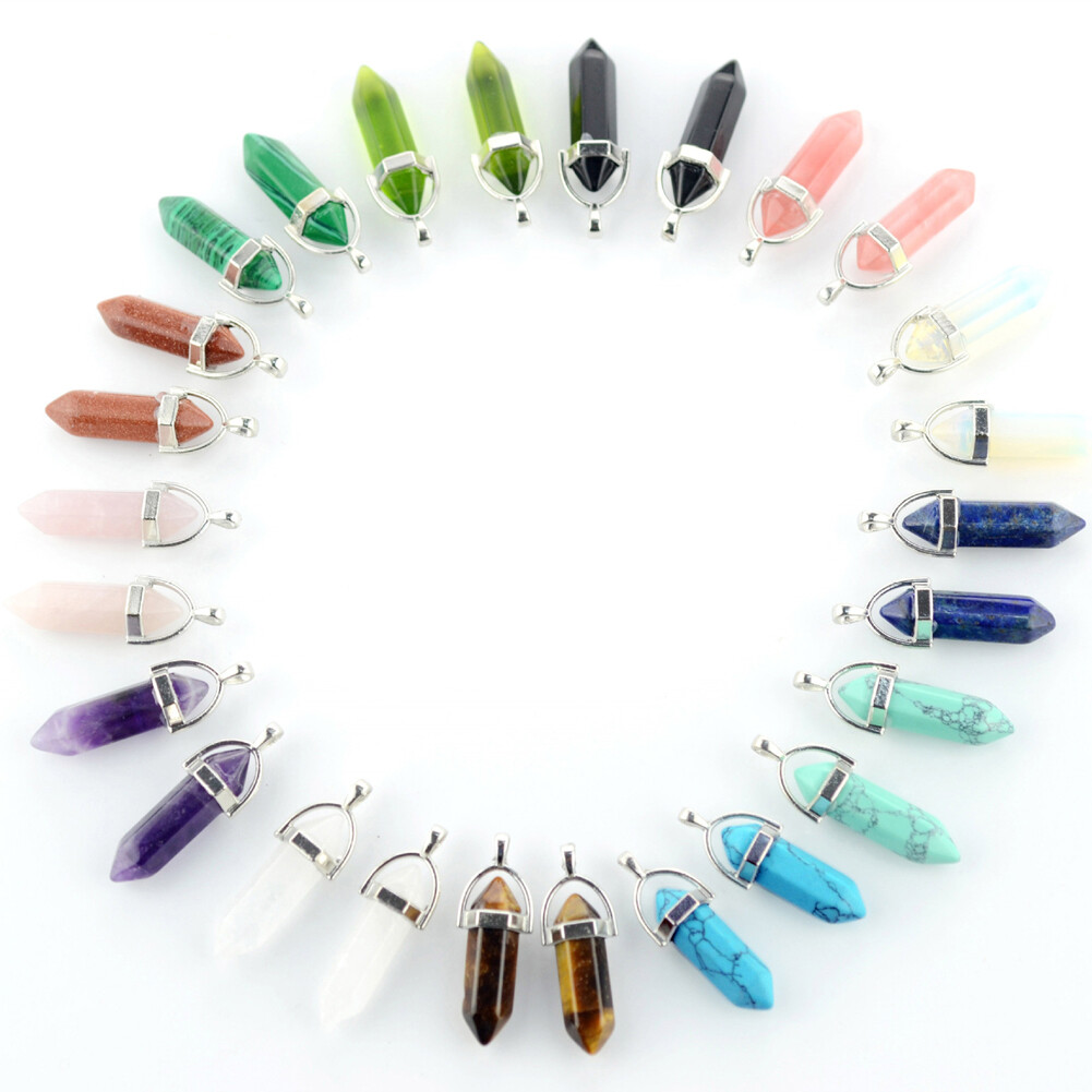 1-10pcs Natural Stone Pendant Hexagonal Pointed Chakra Healing Crystal Necklace