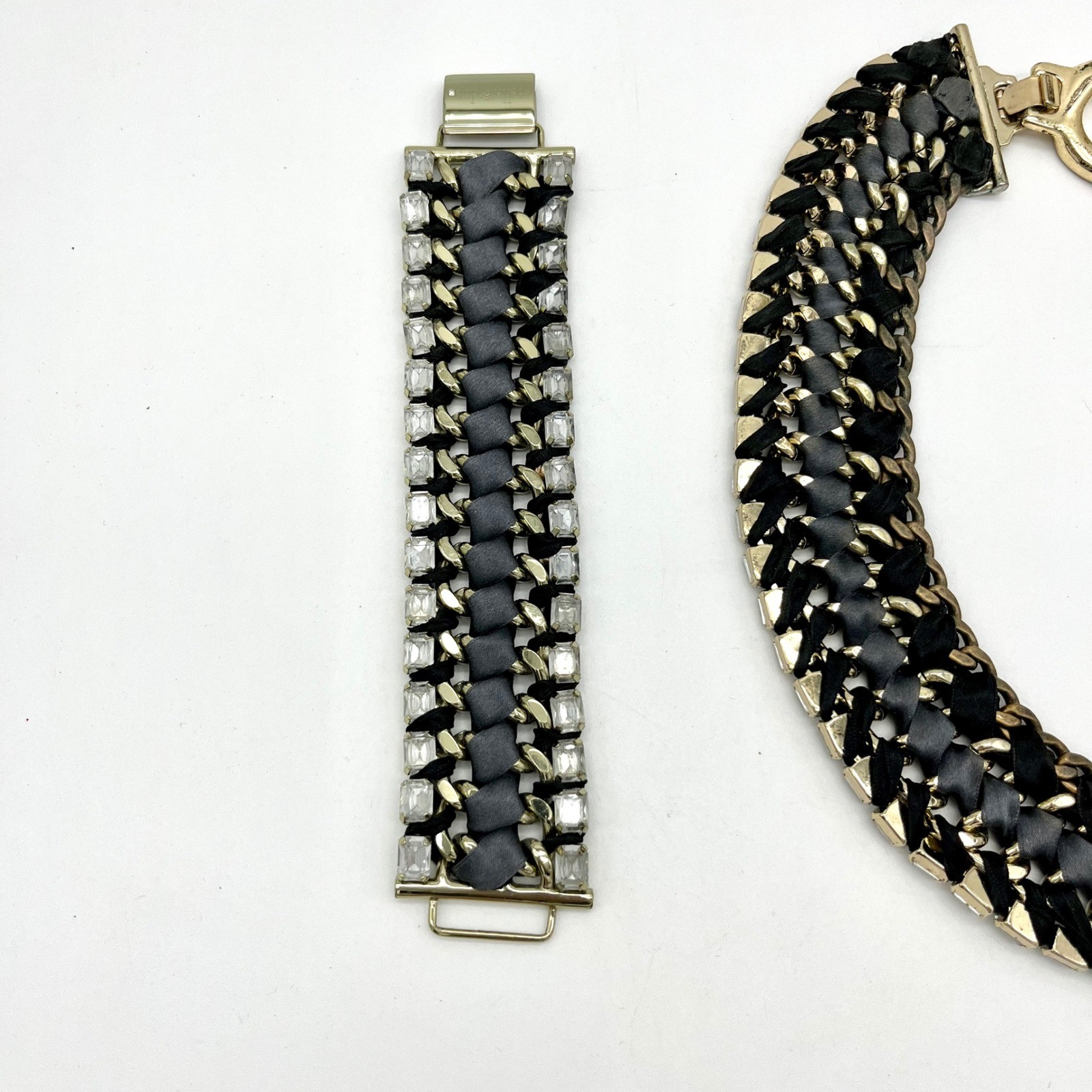 Retired Stella & Dot Bib Necklace & Bracelet Statement Chain Ribbon Rhinestone