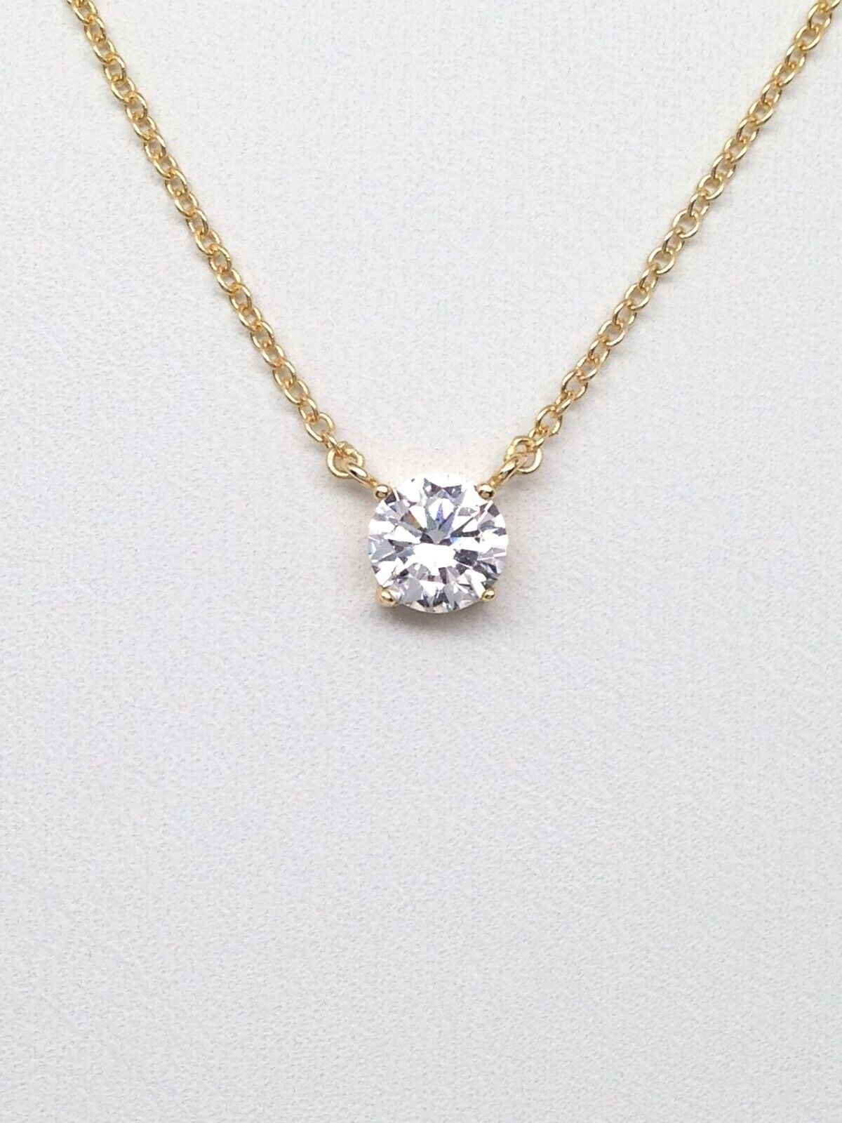 925 Sterling Silver CZ Round Solitaire Pendant Necklace Women 5.8mm 17.25″ Gold