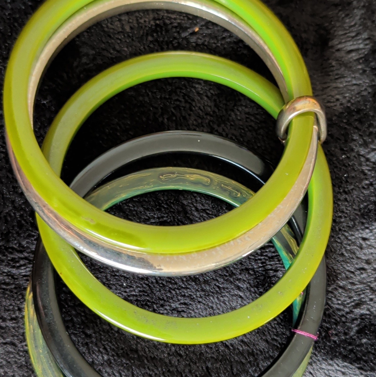 Lot of Antique Bakelite Slip-On Bangle Bracelets Green Black Silver Tone