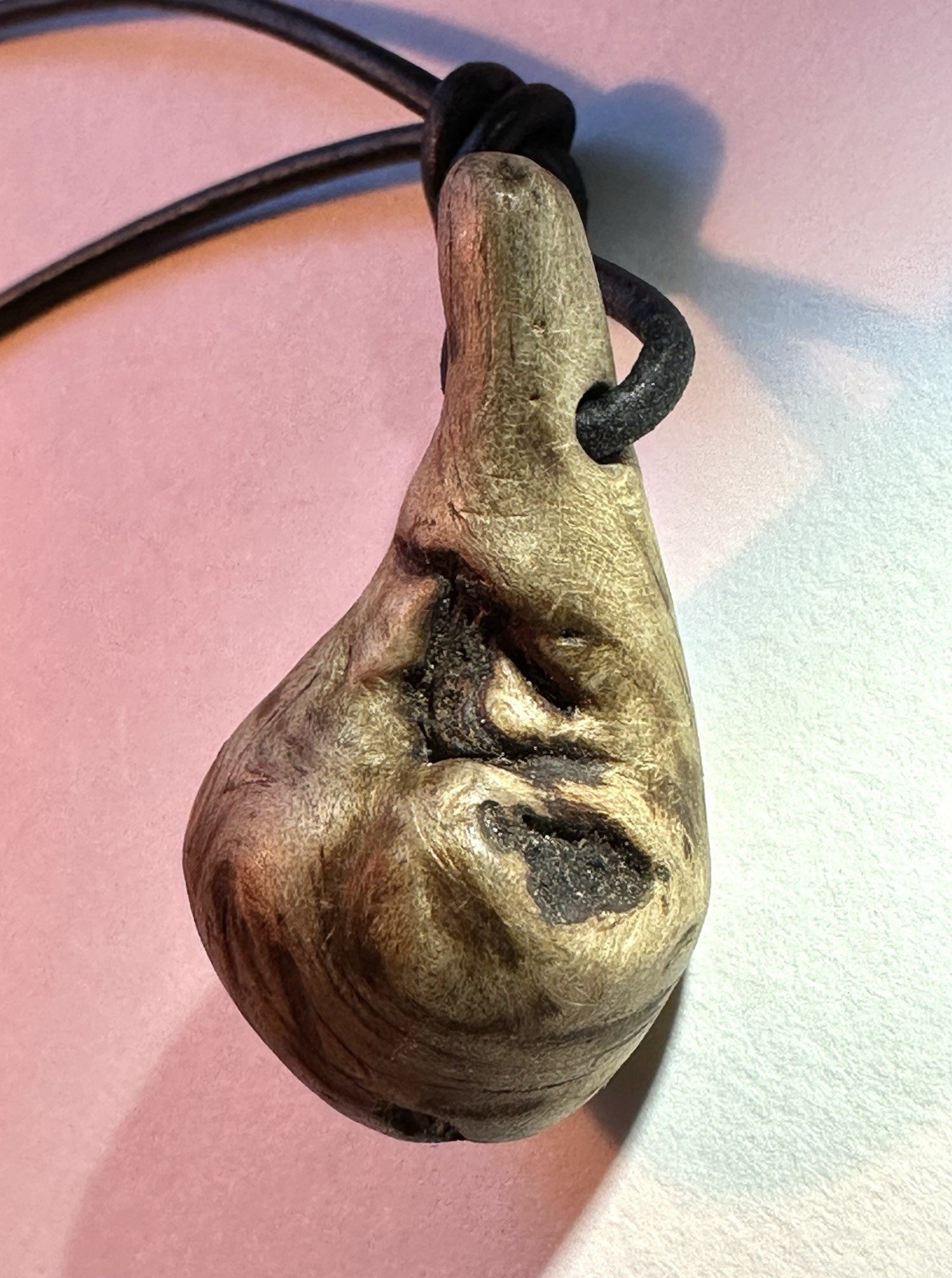 Oregon Mini Burl Wood Teardrop Pendant w Green Peridot, Leather Adjustable Cord