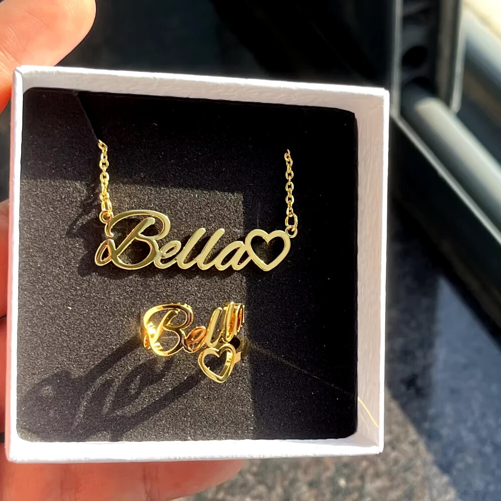 Customized Name Jewelry Set Necklace Ring Heart Gold Silver Stainless Steel Gift