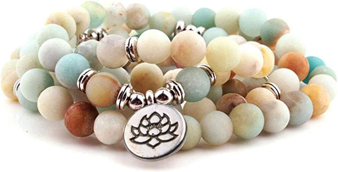 8mm 108 Mala Beads Bracelet Necklace Lotus Charm Amazonite Gemstone Yoga Jewelry