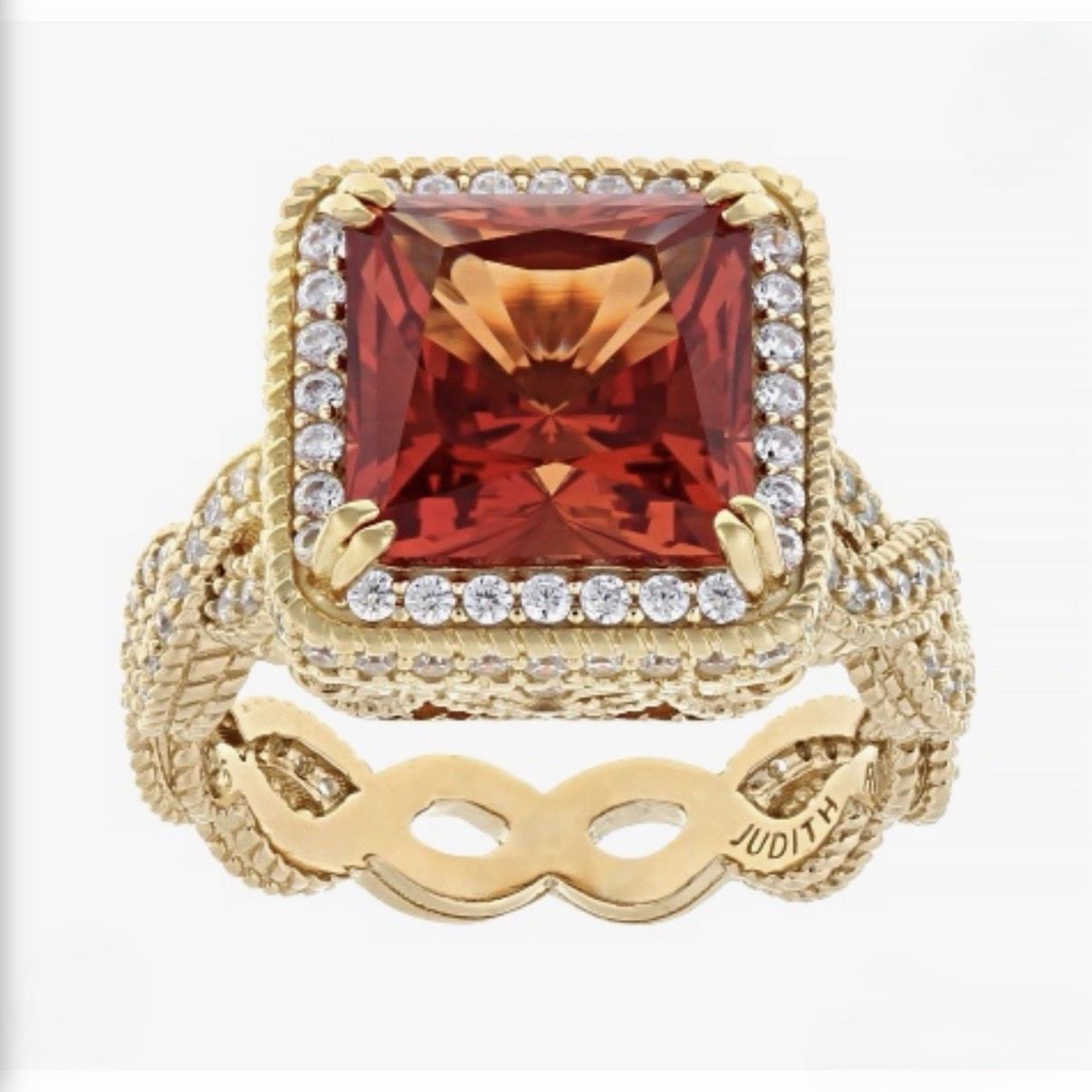 Judith Ripka Padparadscha Sapphire & CZ Cocktail Ring In 14K Gold Clad Size 6