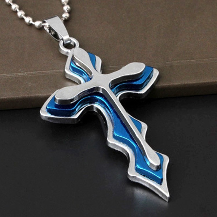 Men Blue Black Gold Stainless Steel Three-layer wave Cross Pendant Necklace Gift