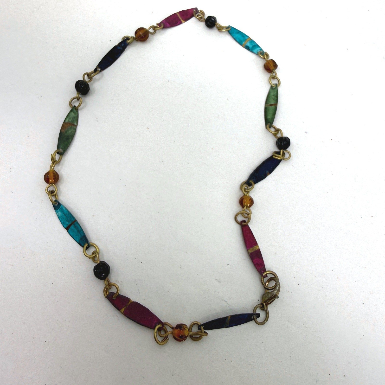 Painted Metal Bib Necklace & Dangle Earrings Jewelry Set of 3 Vintage 80s