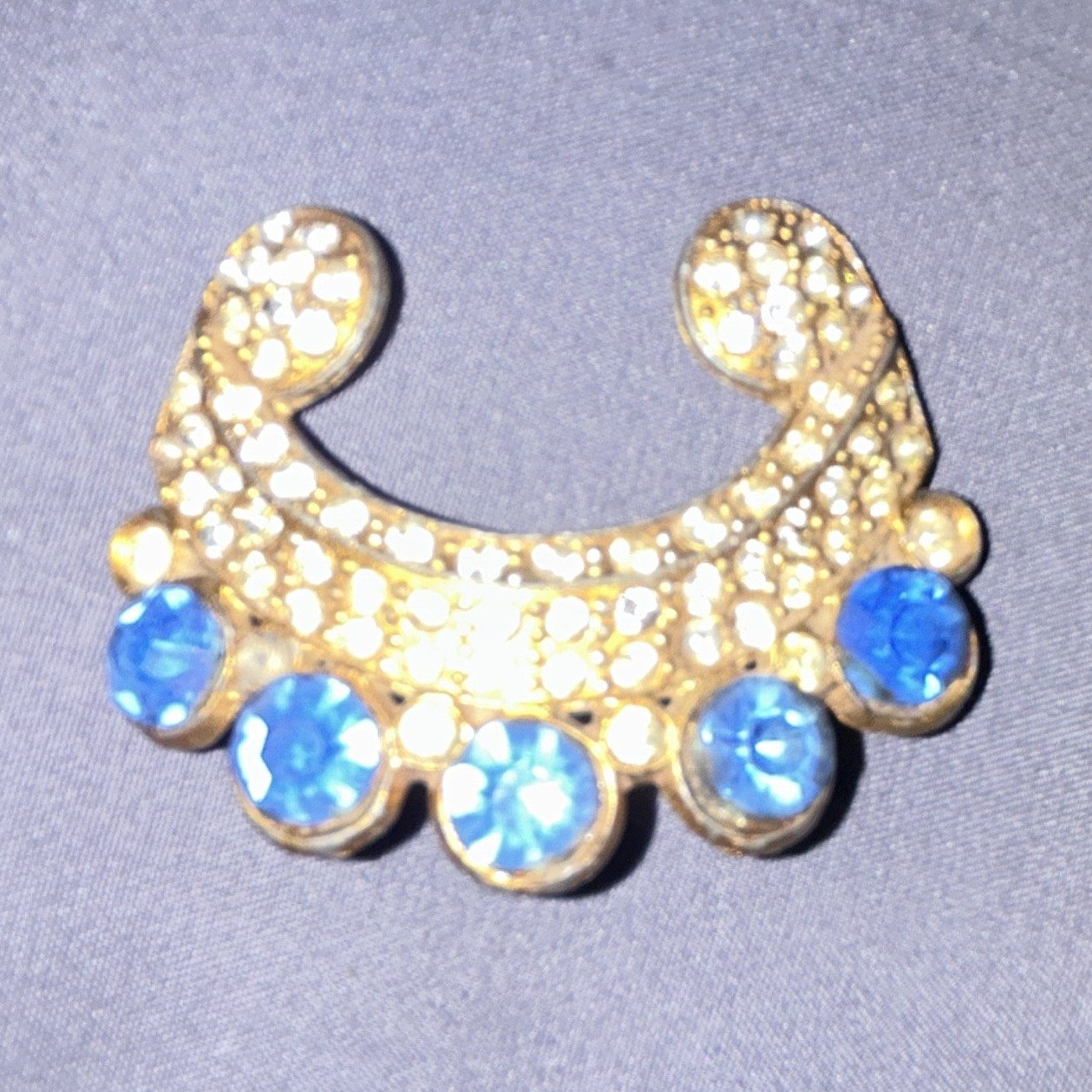 Gold Tone Metal Crescent Brooch Pin w/ Blue Round Rhinestones, Bezel Set