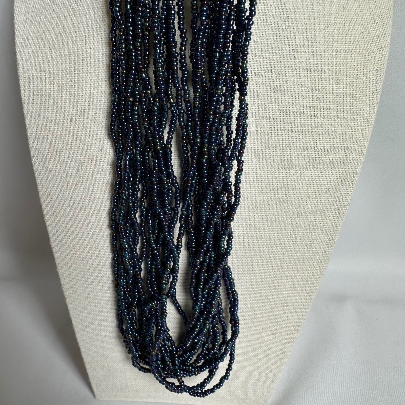 Multi Strand blue iridescent seed bead Necklace Silver Tone Tube Beads Women’s