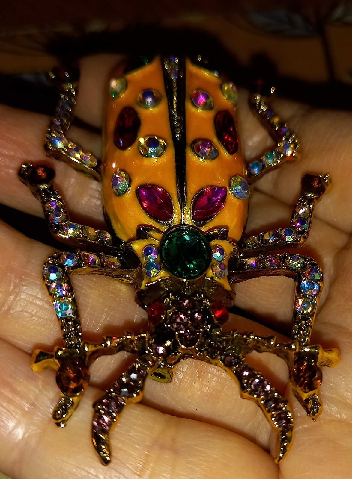 VINTAGE STYLE GOLDTONE ORANGE & MULTICOLOURED CRYSTAL ABSTRACT INSECT BROOCH