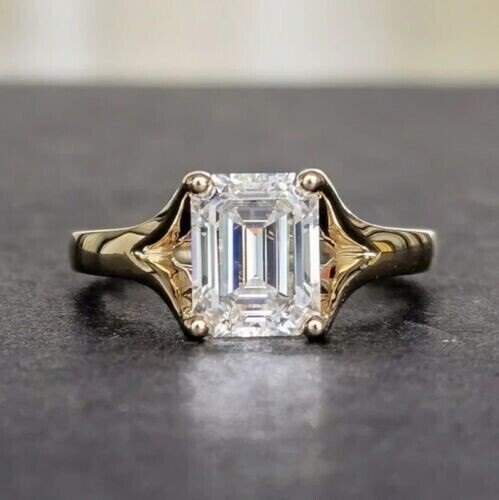 2Ct Emerald Cut Lab Created Diamond Women’s Ring 14K Yellow Gold Plated Silver