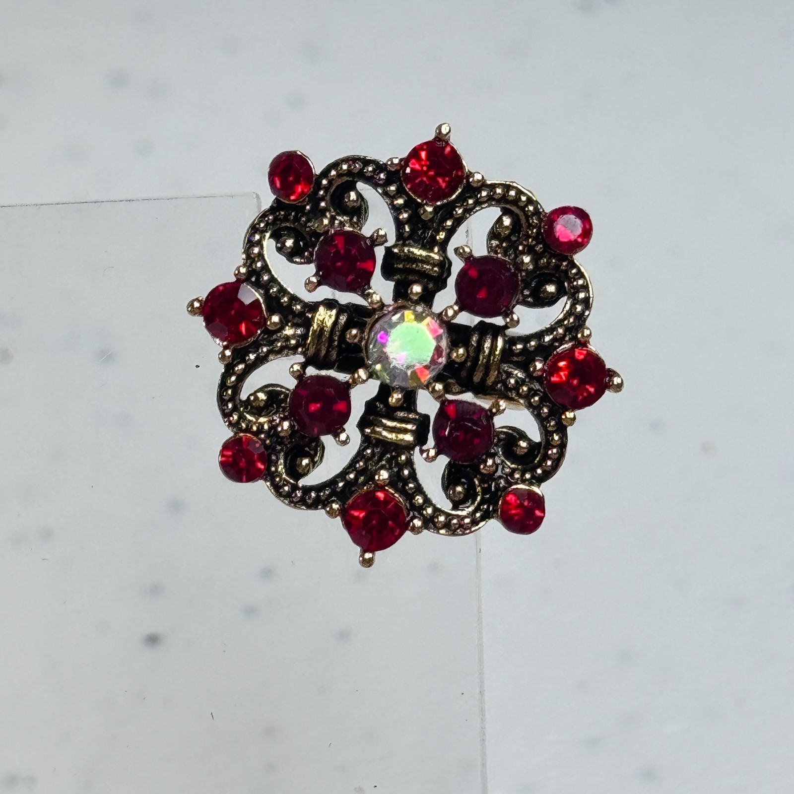 Brooch Red Rhinestone Aurora Borealis Floral Gold Tone Layered Flower 1576-13