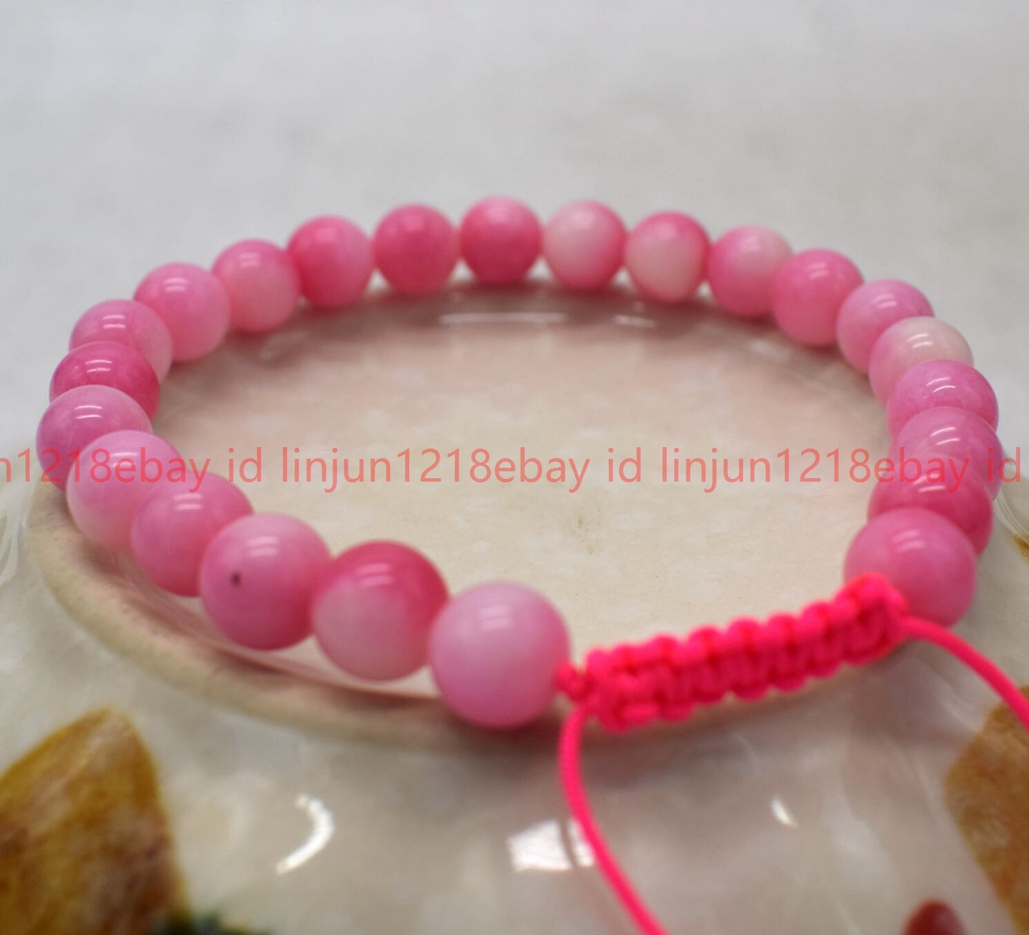 Natural 6/8/10mm Pink White Jade Round Gematone Beaded Adjustable Bracelet 7.5in