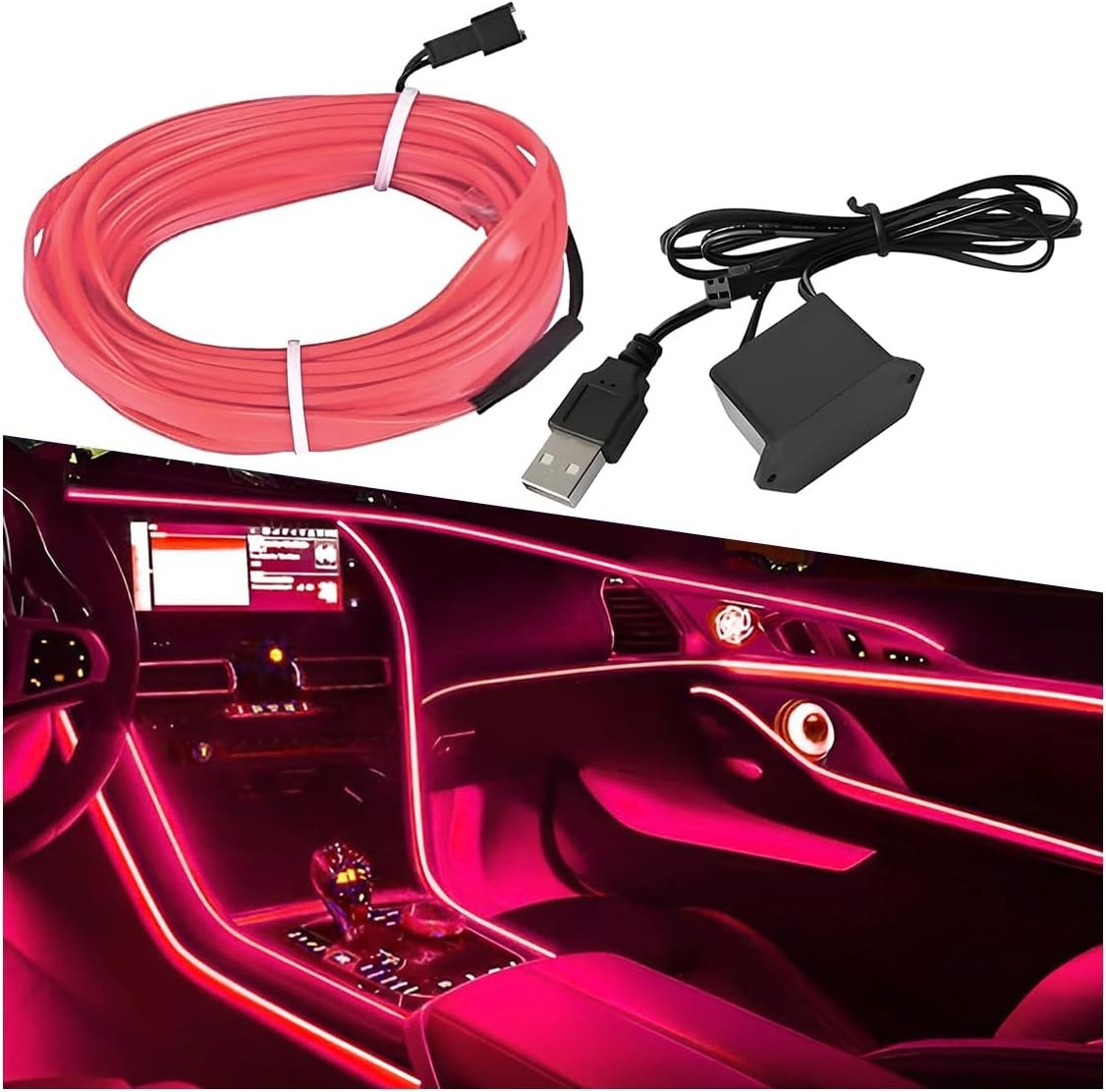 EL Wire Car Interior LED Strip Lights, 5V 16FT USB Neon Light with Color: Pink