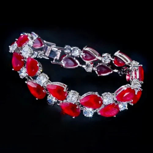 18k White Gold Filled Lab-Created Red Ruby & Simulated Diamond Tennis Bracelet