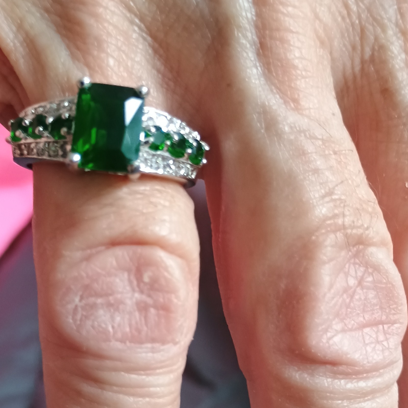 Silver Tone On 10Kt Cocktail Ring Size 8 with Green Emerald Stone, Prong Setting