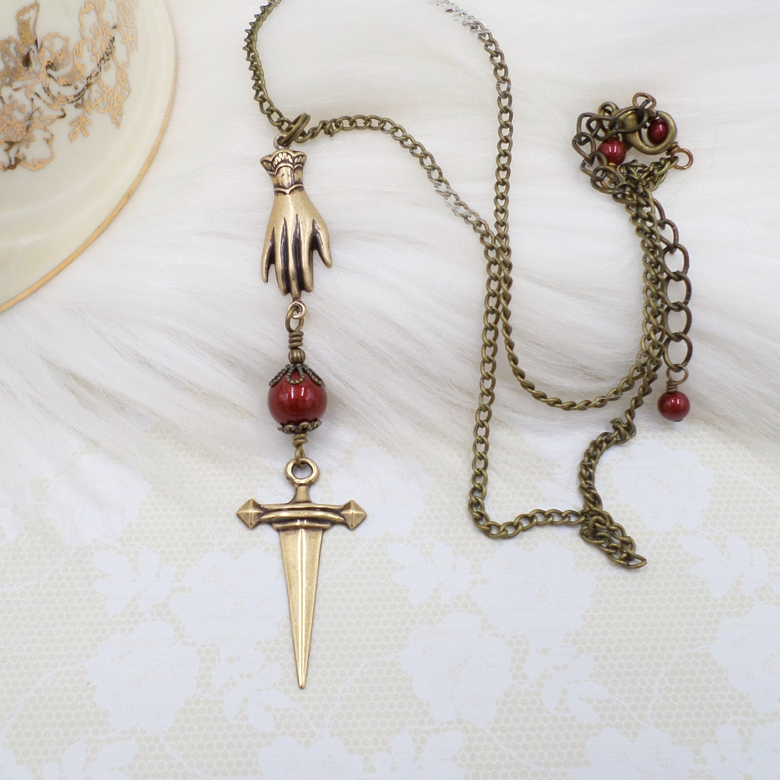 Victorian Dagger Necklace, Antique Brass Red Pearl Dark Academia Handmade