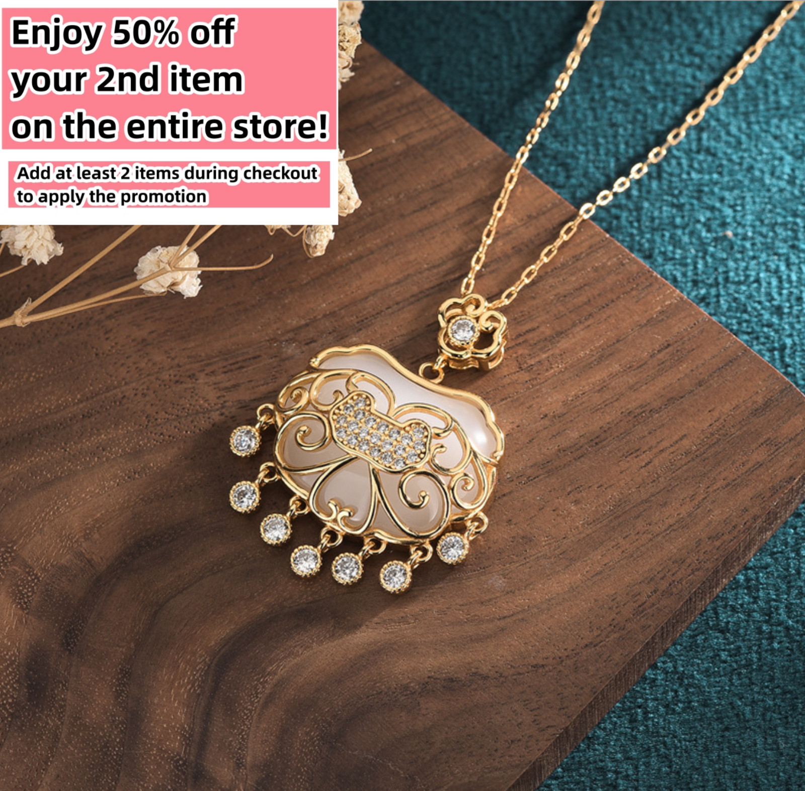 Jade Crystal Pendant Necklace Charm 18K Gold Plated Luck Lock Dainty Gemstone