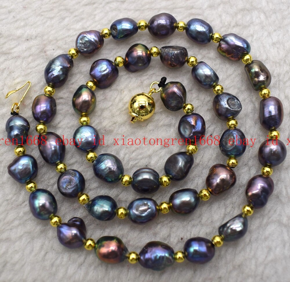 Genuine Natural 8-9mm Black Freshwater Baroque Gemstone Beads Necklace 16-36in