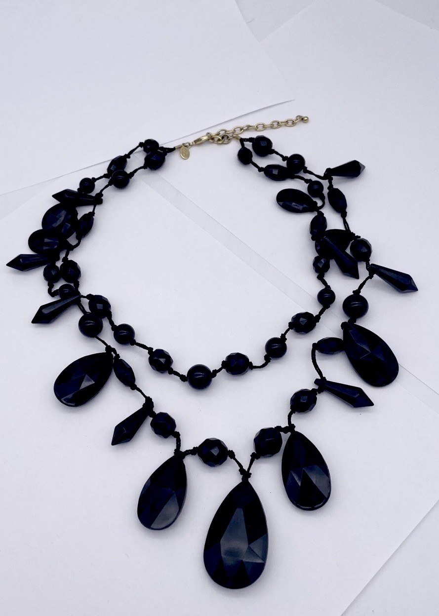 Vintage Joan Rivers 2 Strand Necklace Long Black Faceted Bead 24 inch gothic Y2K