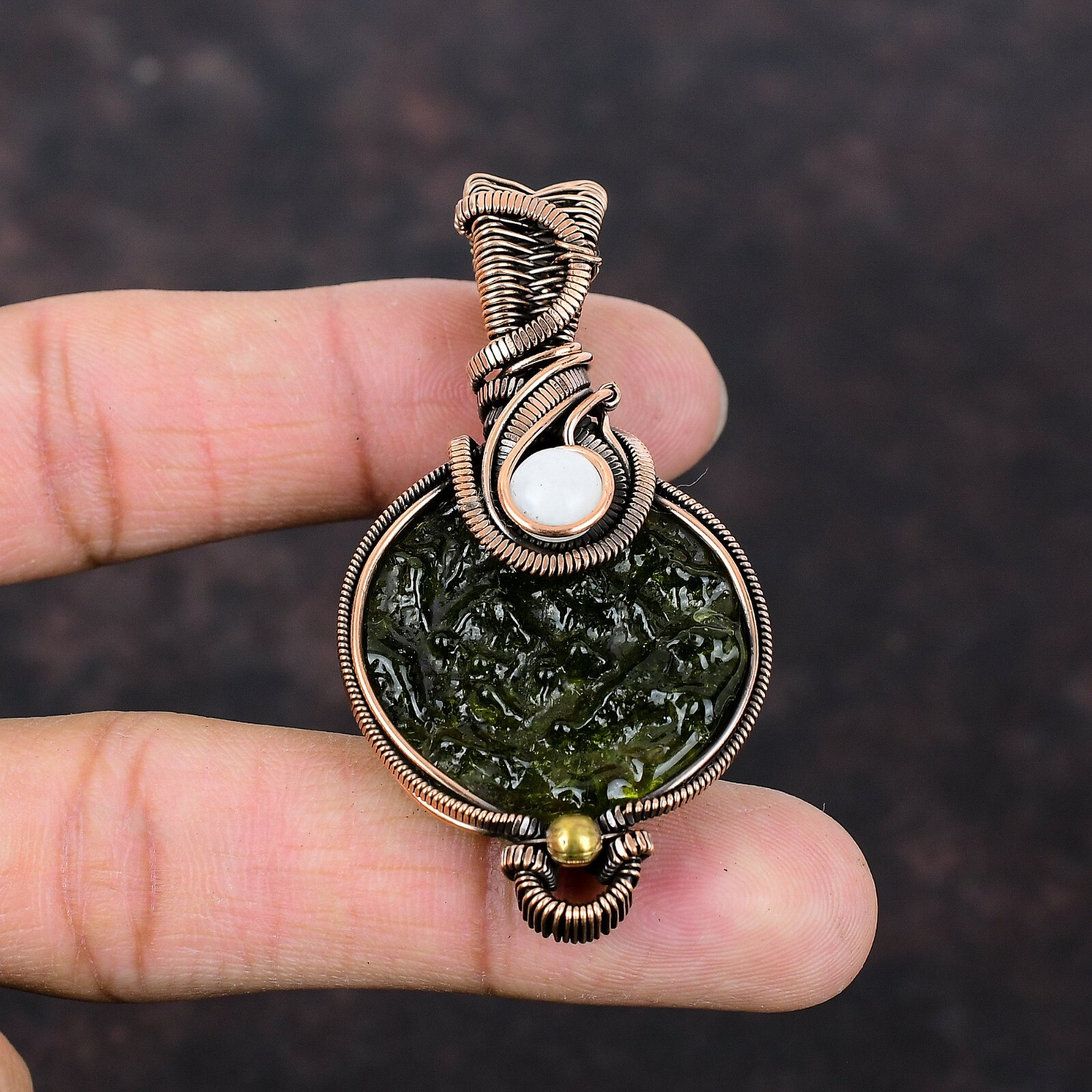 Birthday Gift For Her Moldavite Wire Wrapped Pendant Copper Jewelry 2.56″