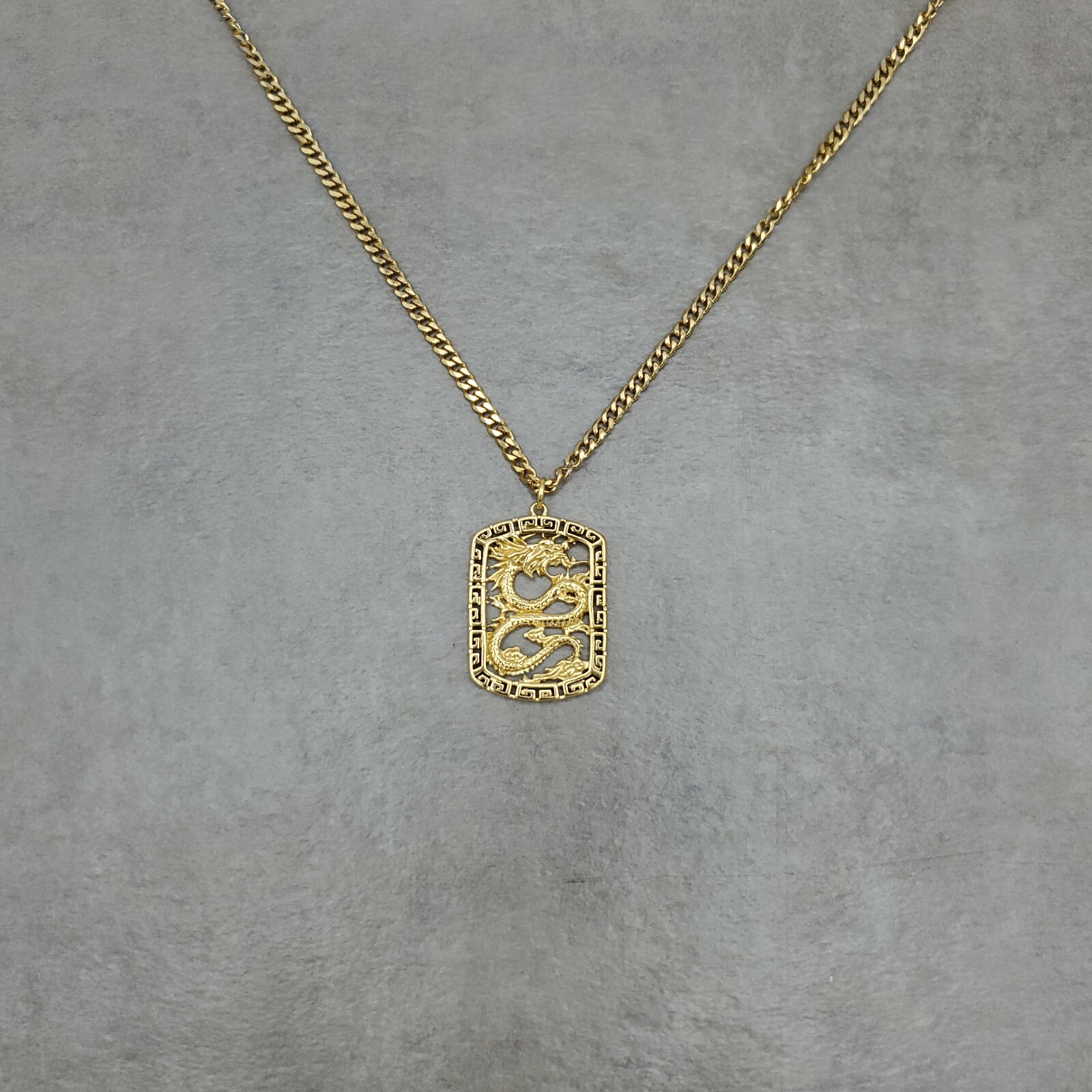 Dragon Square Pendant GOLD Plated Necklace Asian Mythology Power Strength Health