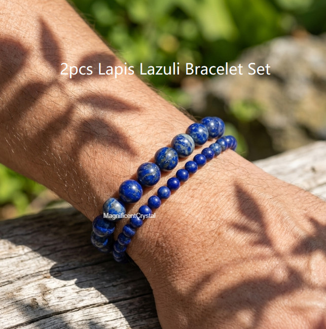 2PCS Lapis Lazuli Bracelet 4mm&8mm Bead Crystal Healing Blue Stone Bracelet Set