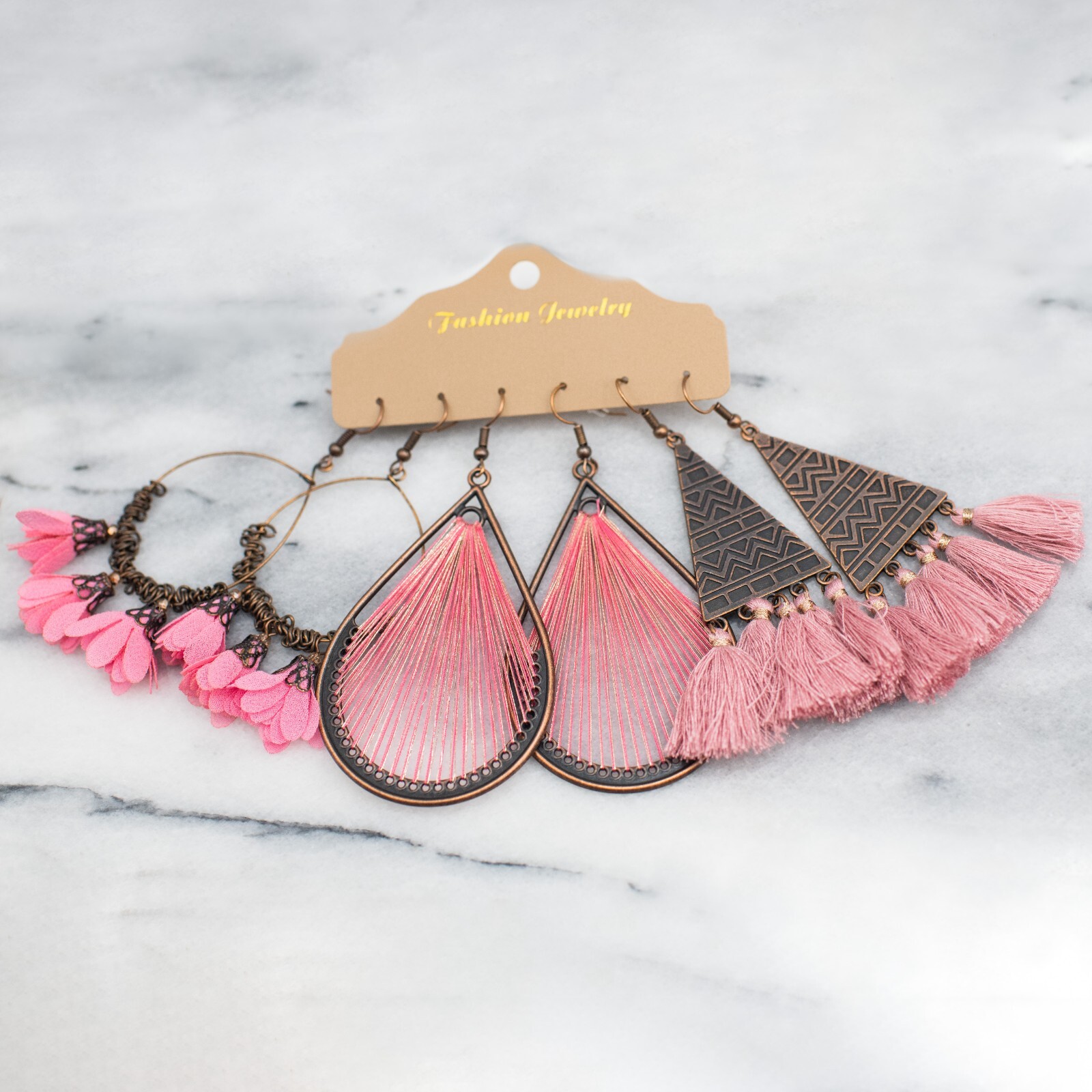 3 Pairs/Set Bohemian Boho Pink Earrings Hook Drop Dangle – Tassle, Loop, Trendy