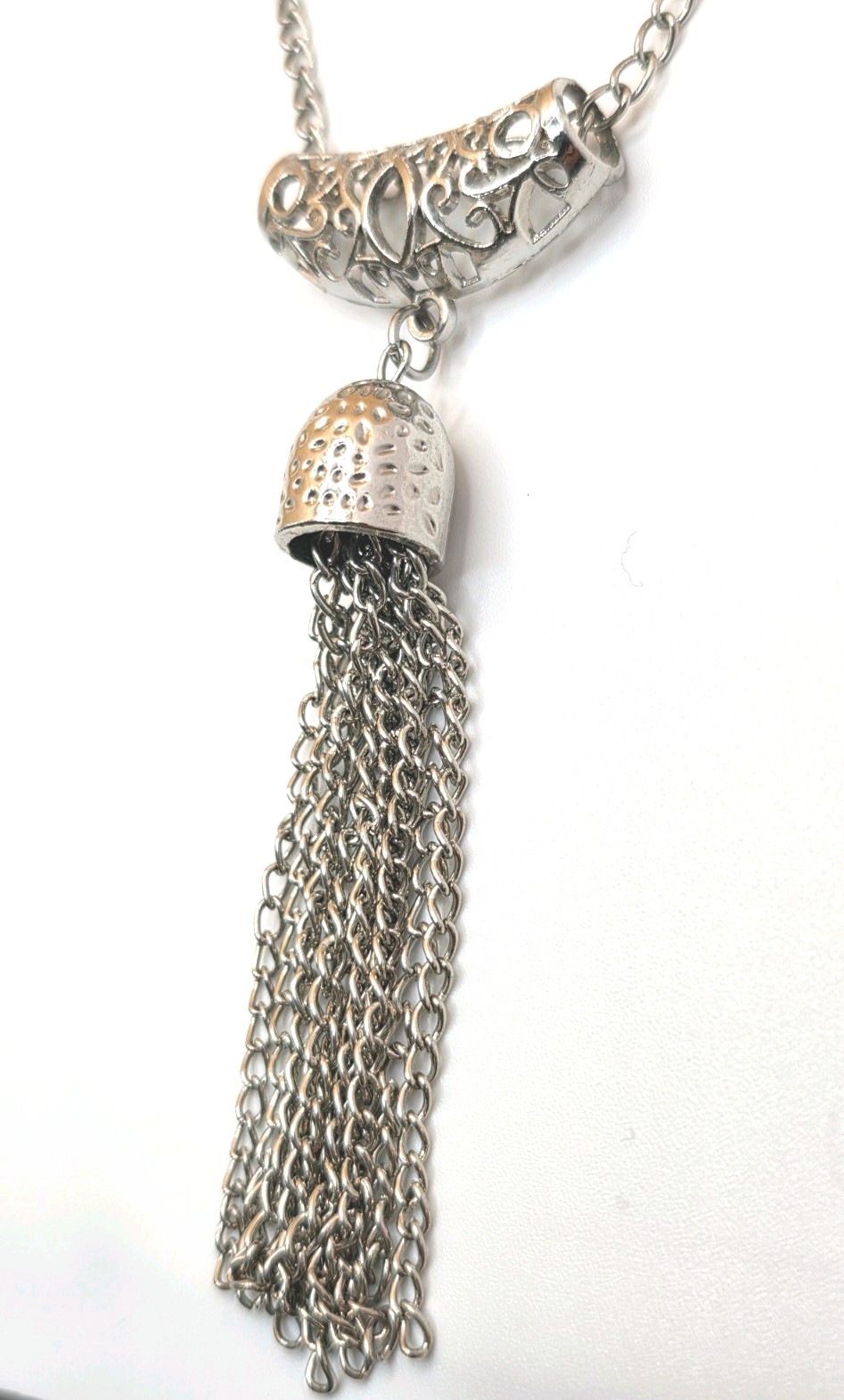 27-inch Silver Tone Estate Chain With Open Work Bar And Chain Tassel