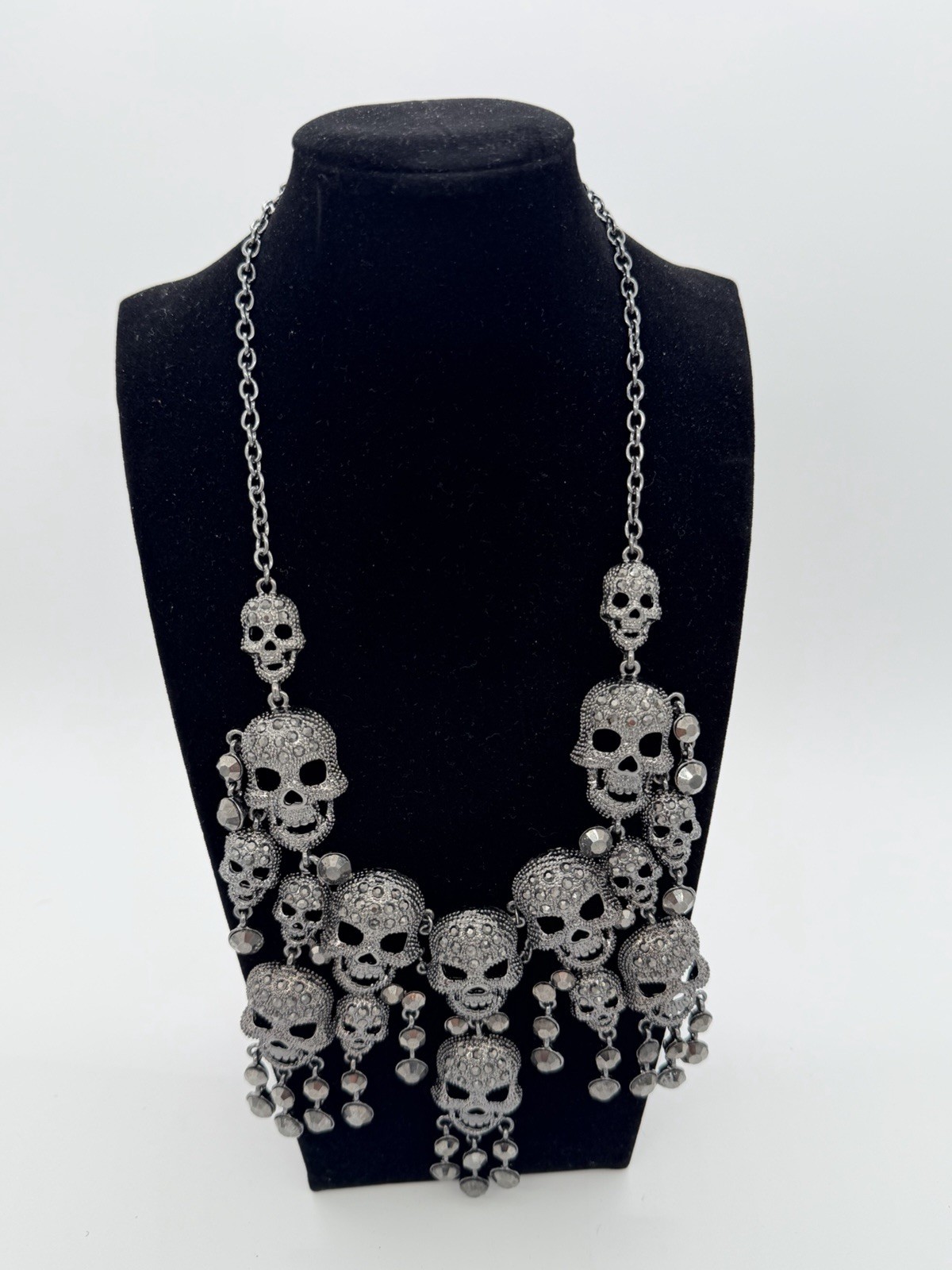 Natasha Statement Bib Necklace Gunmetal Crystal Rhinestone Skulls Gothic