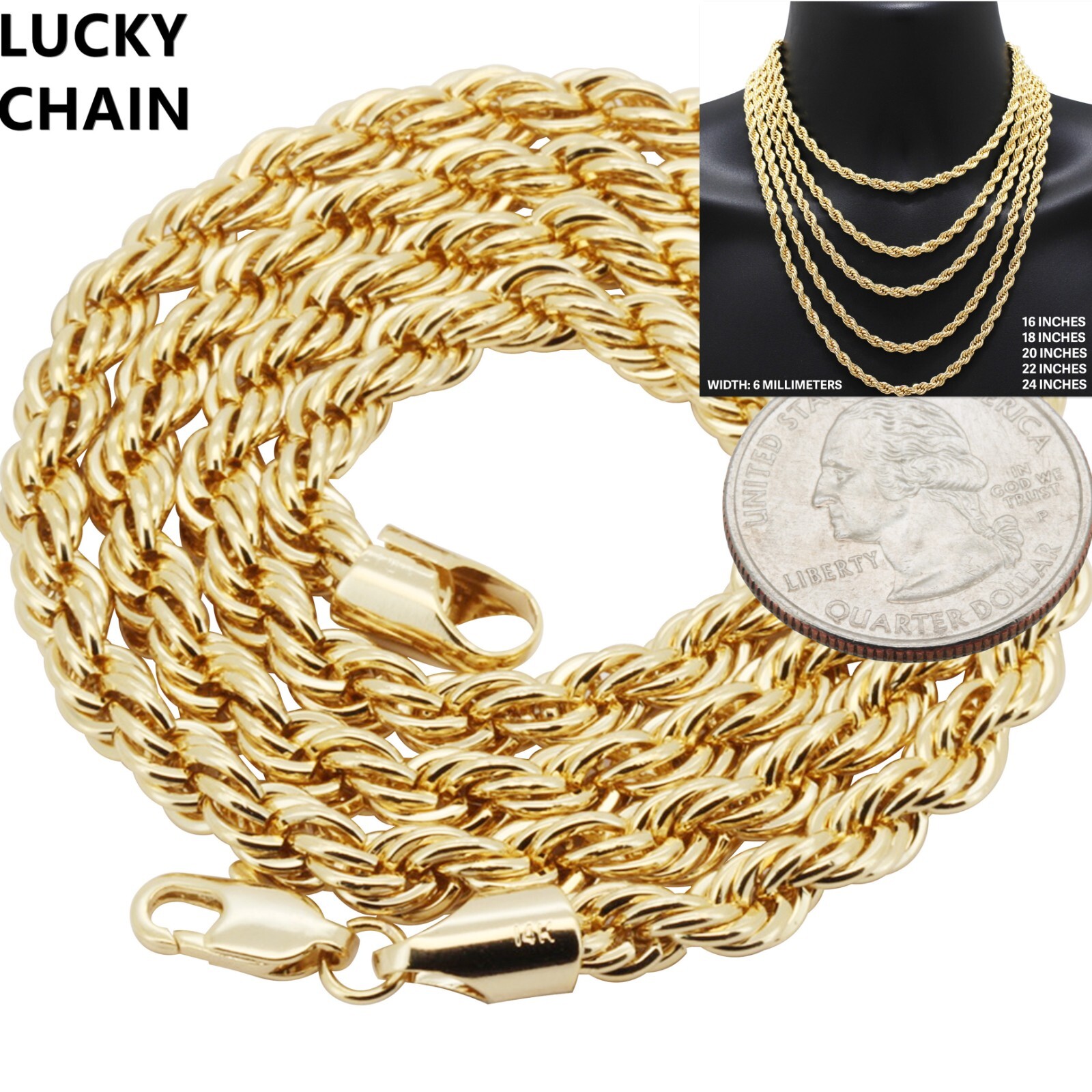8”16”18”20”22”24”14K GOLD FILLED SOLID ROPE CHAIN NECKLACE 6mm 18g-60g H5