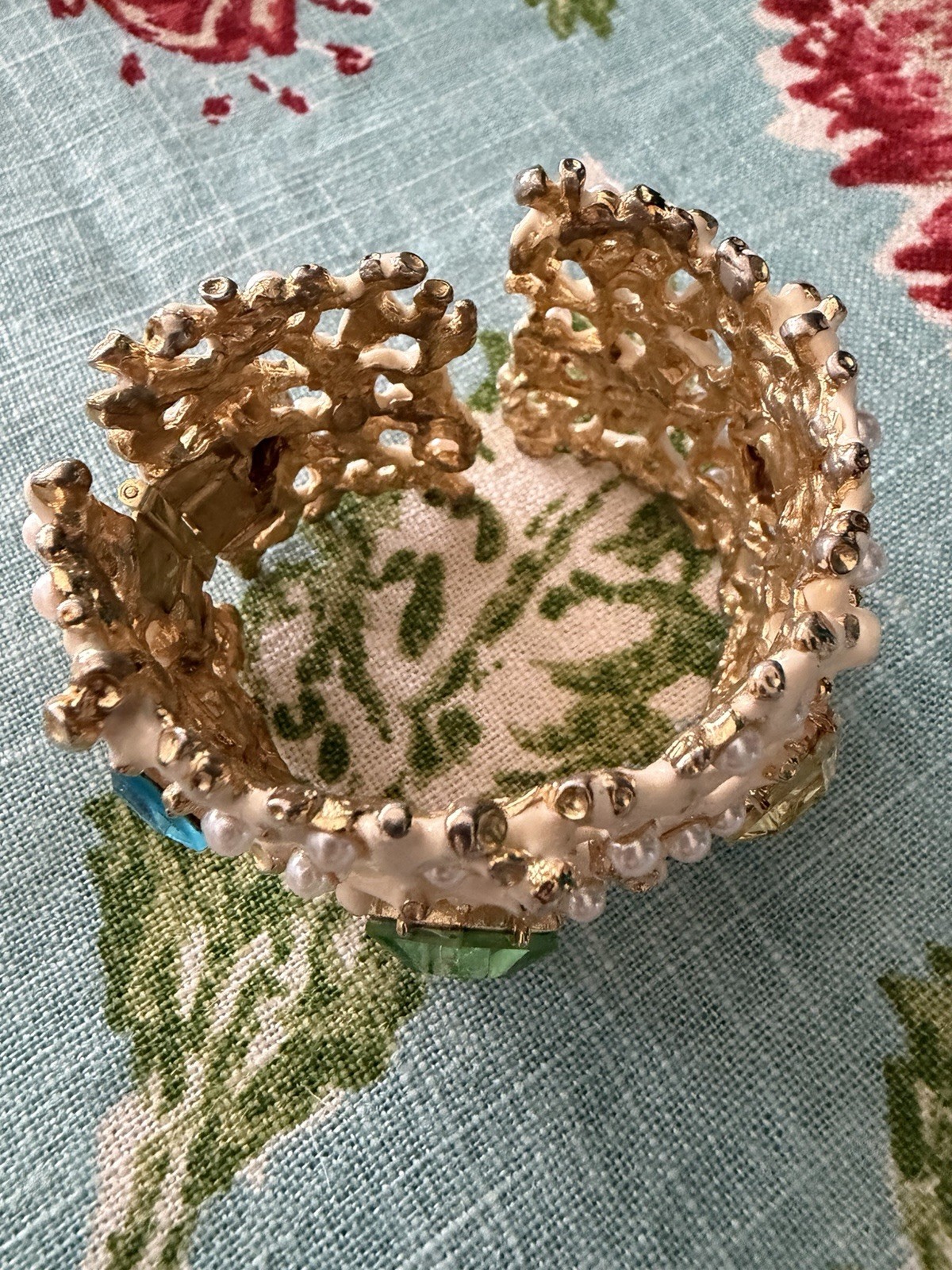 KJL Kenneth Jay Lane Rhinestone White Enamel Coral Hinged Cuff Bracelet