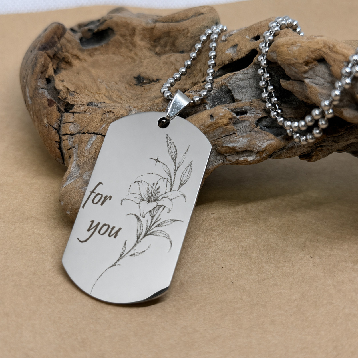 Lily Flower Dog Tag Necklace Ball Chain Pendant 60cm Japan SAMURAI Style