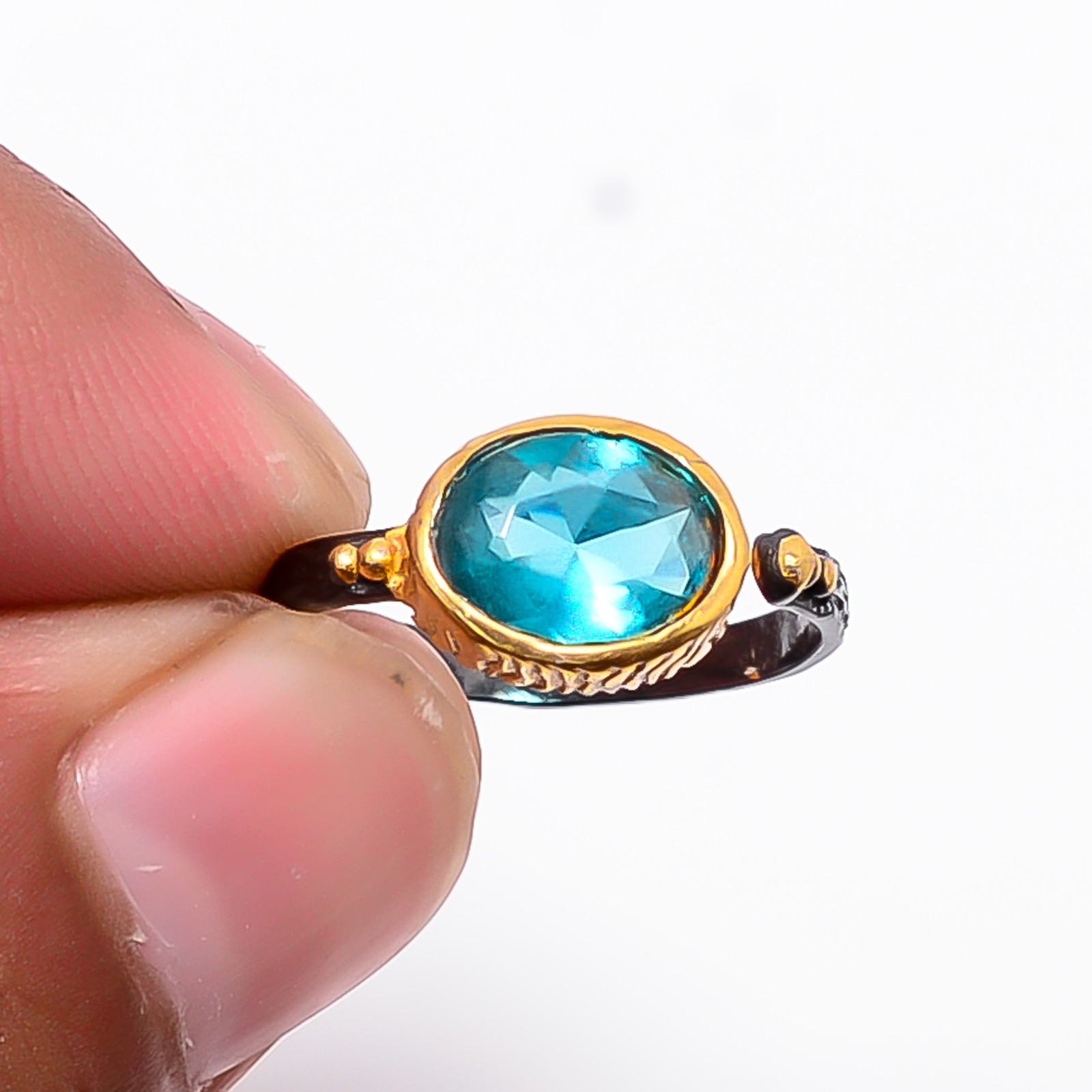 Paraiba Tourmaline Black & Gold Plated 925 Sterling Silver Ring S.Adjustable R6