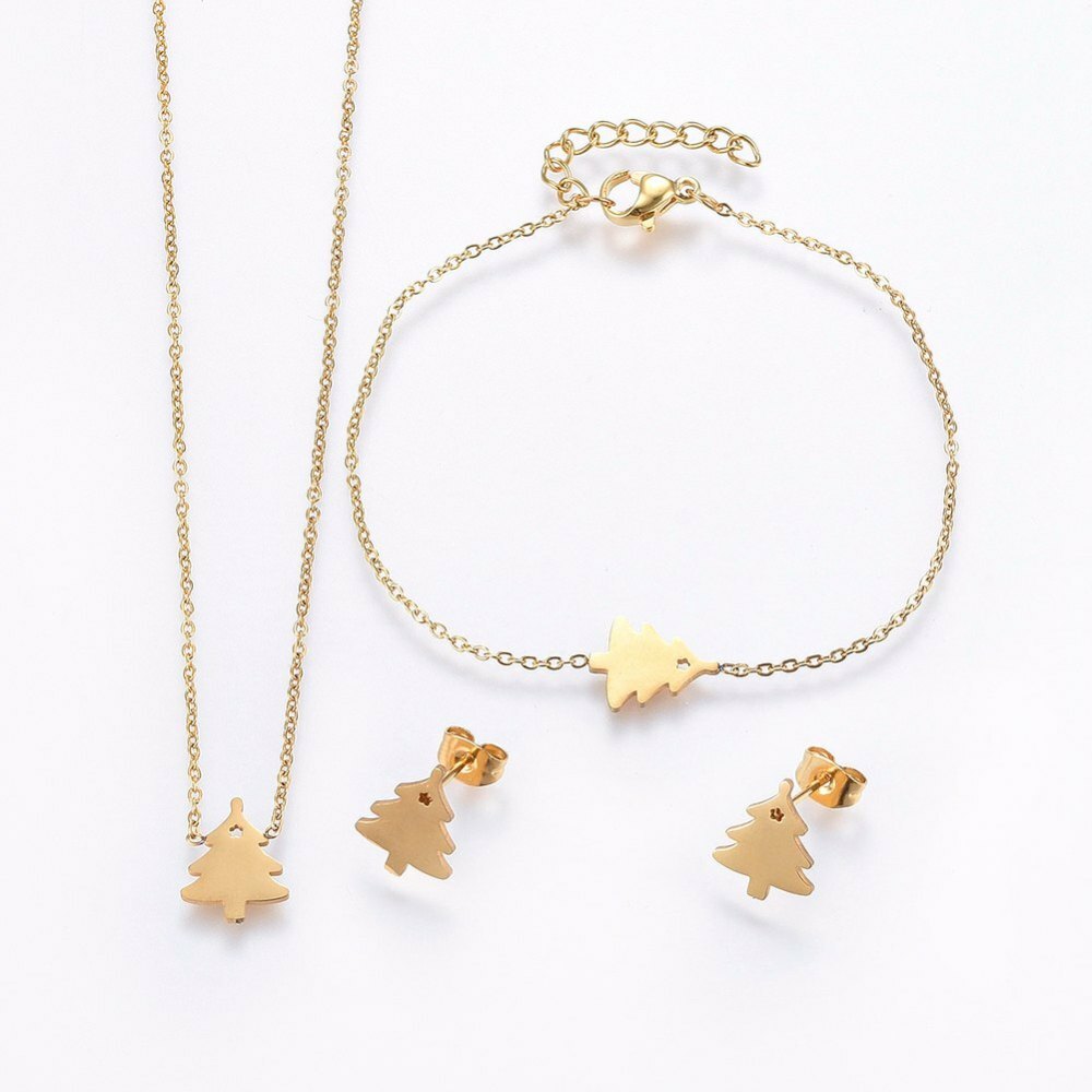 Cute Gold 304 Stainless Steel Christmas Tree Necklace, Earring, & Bracelet Set
