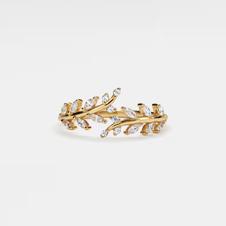 1.50 ct Round Cut Simulated Diamond Bypass Leaf Band Ring 14k Yellow Gold Over