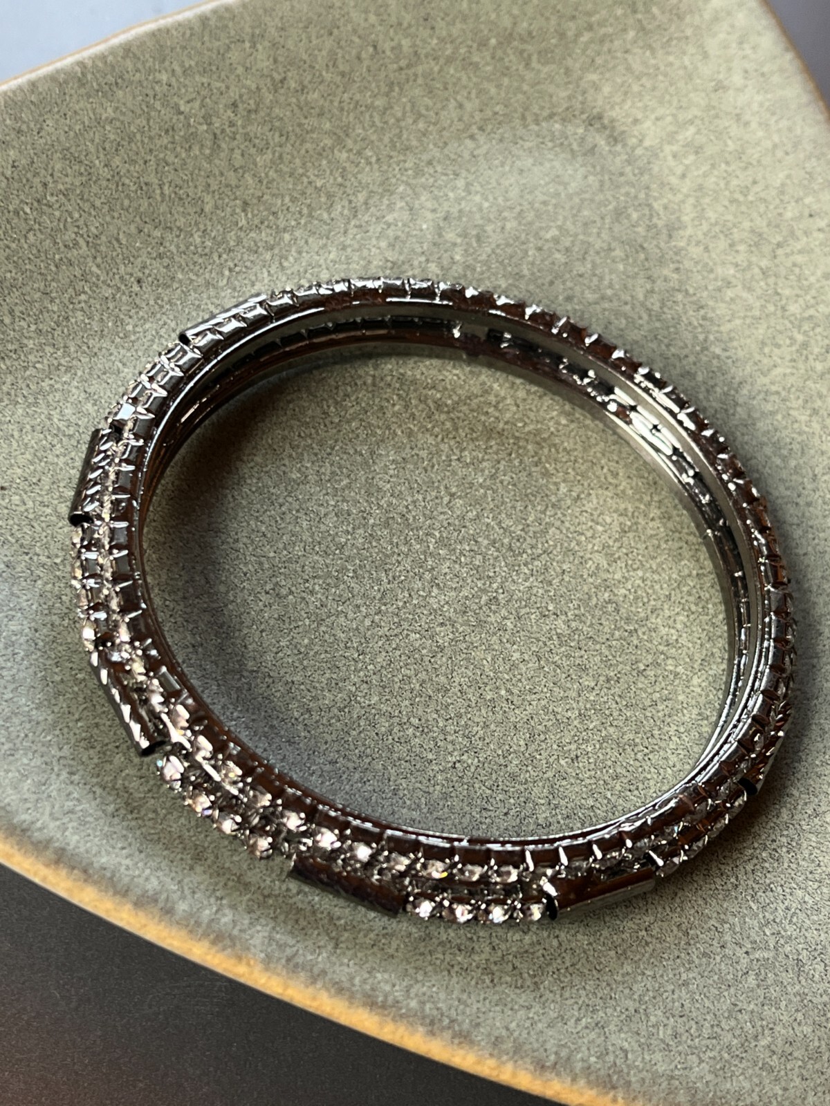 Clear Rhinestone Encrusted & Oxidized Silvertone Bangle Bracelet – 2.25 inches a