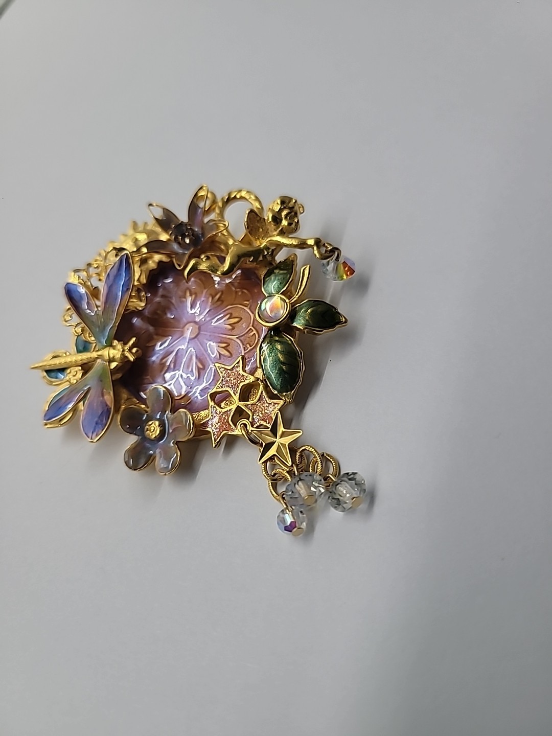 Vintage Kirks Folly Fairy Dragonfly Garden Brooch Iridescent Medallion Retired
