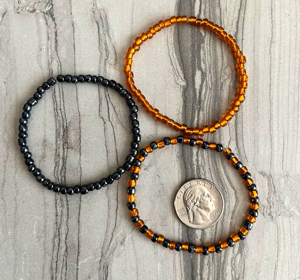 Halloween Fall Shiny Glass Seed Bead Stretch Bracelet Set of 3 Orange Black