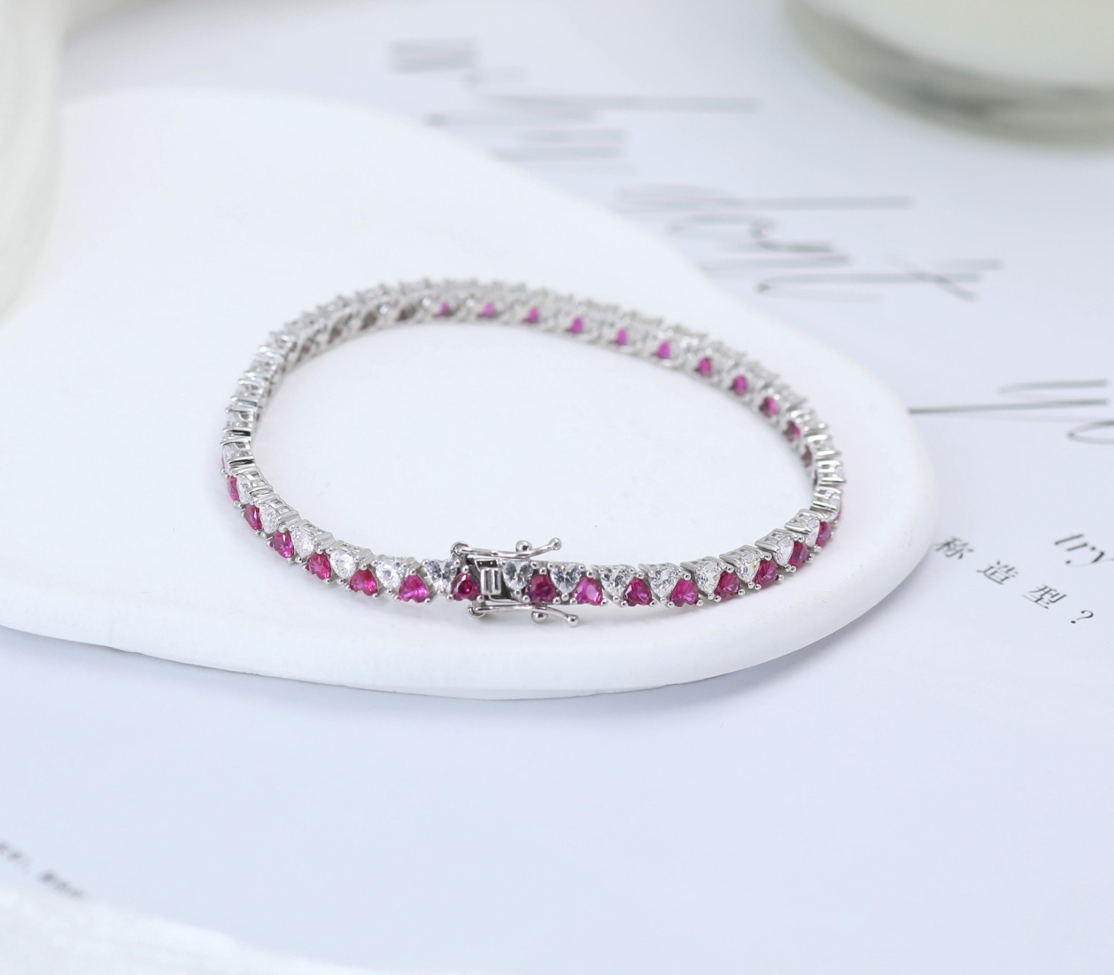 925 Silver Pink Ruby & Moissanite Clear Heart Crystal Tennis Bracelet Women Gift