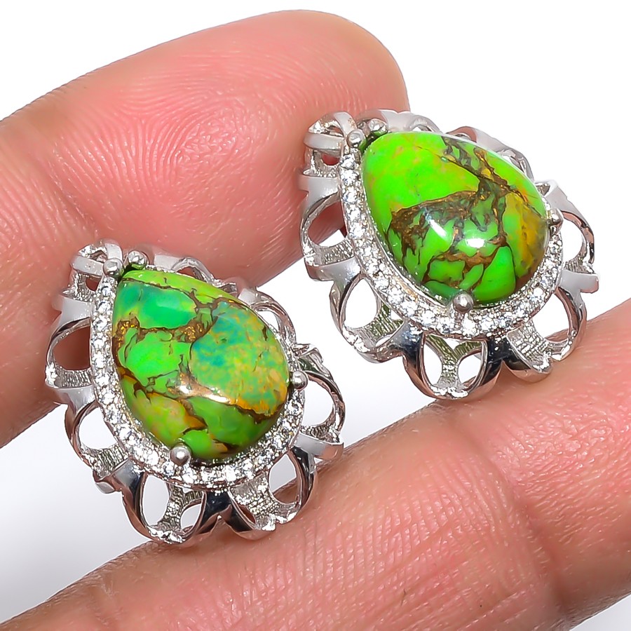 Green Copper Mojave Turquoise & CZ 925 Sterling Silver Earring 0.94″ T18
