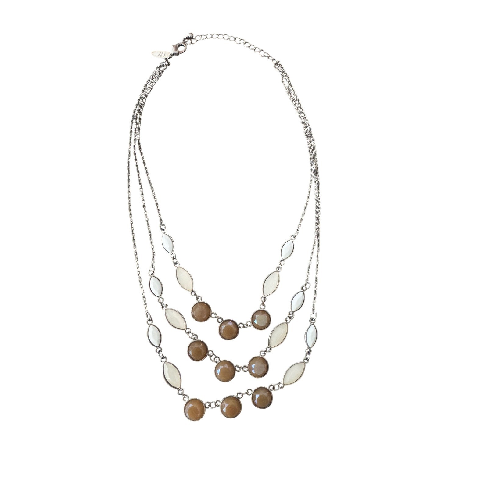 NY New York & Company Silver Tone Layered Necklace Brown Cream Stones 18-20in
