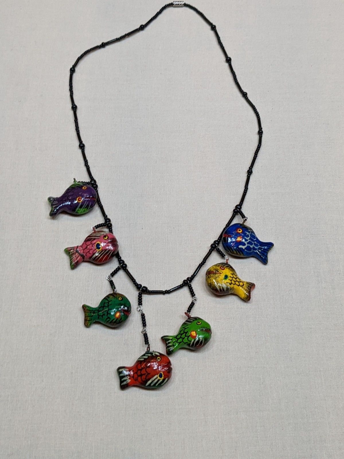 Hand Painted Fish Charm Necklace Colorful Black Bead Tropical Beach Cruise ~22″