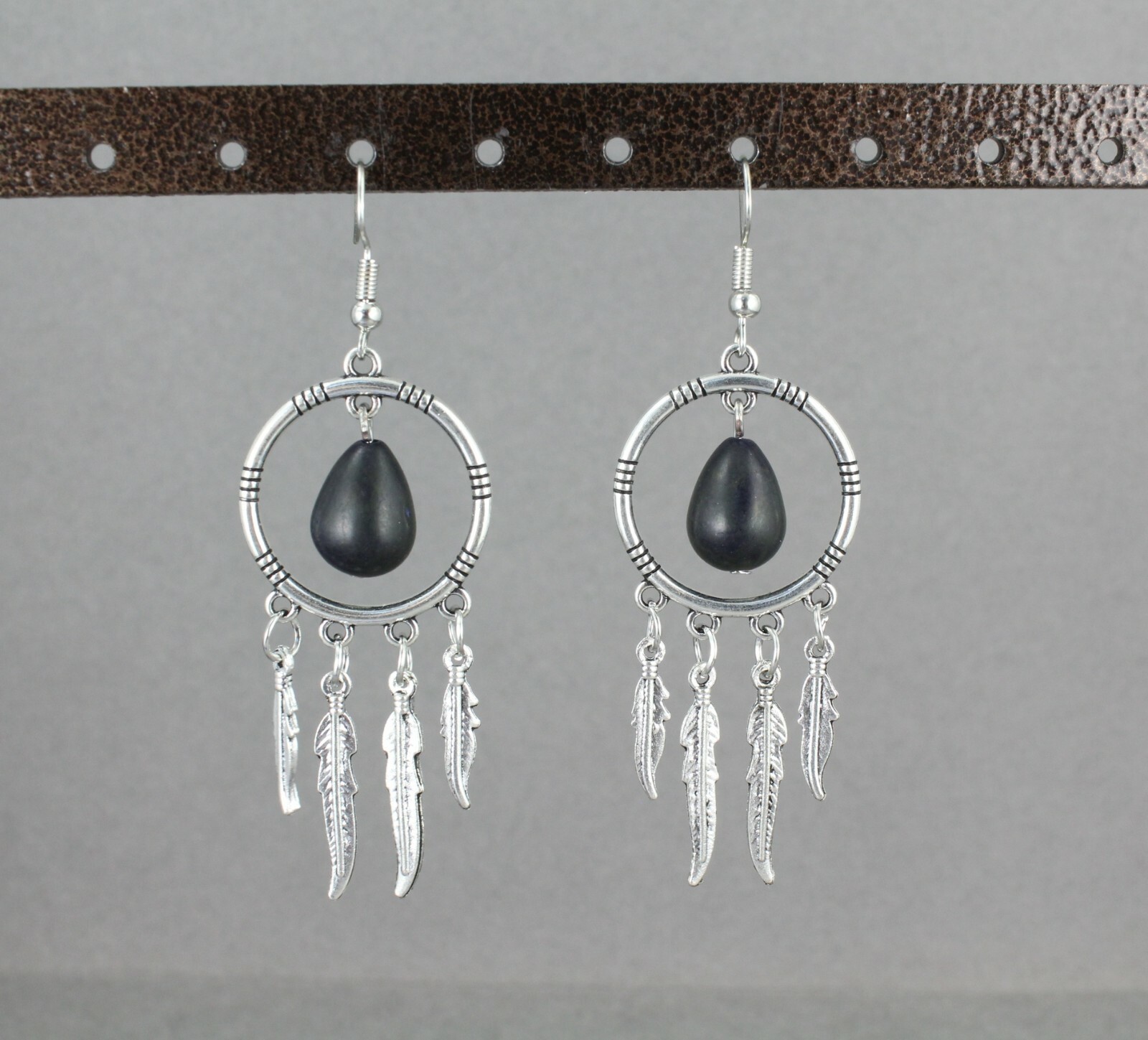 Silver dream catcher earrings dangle feather black bead lightweight 2.75″ long