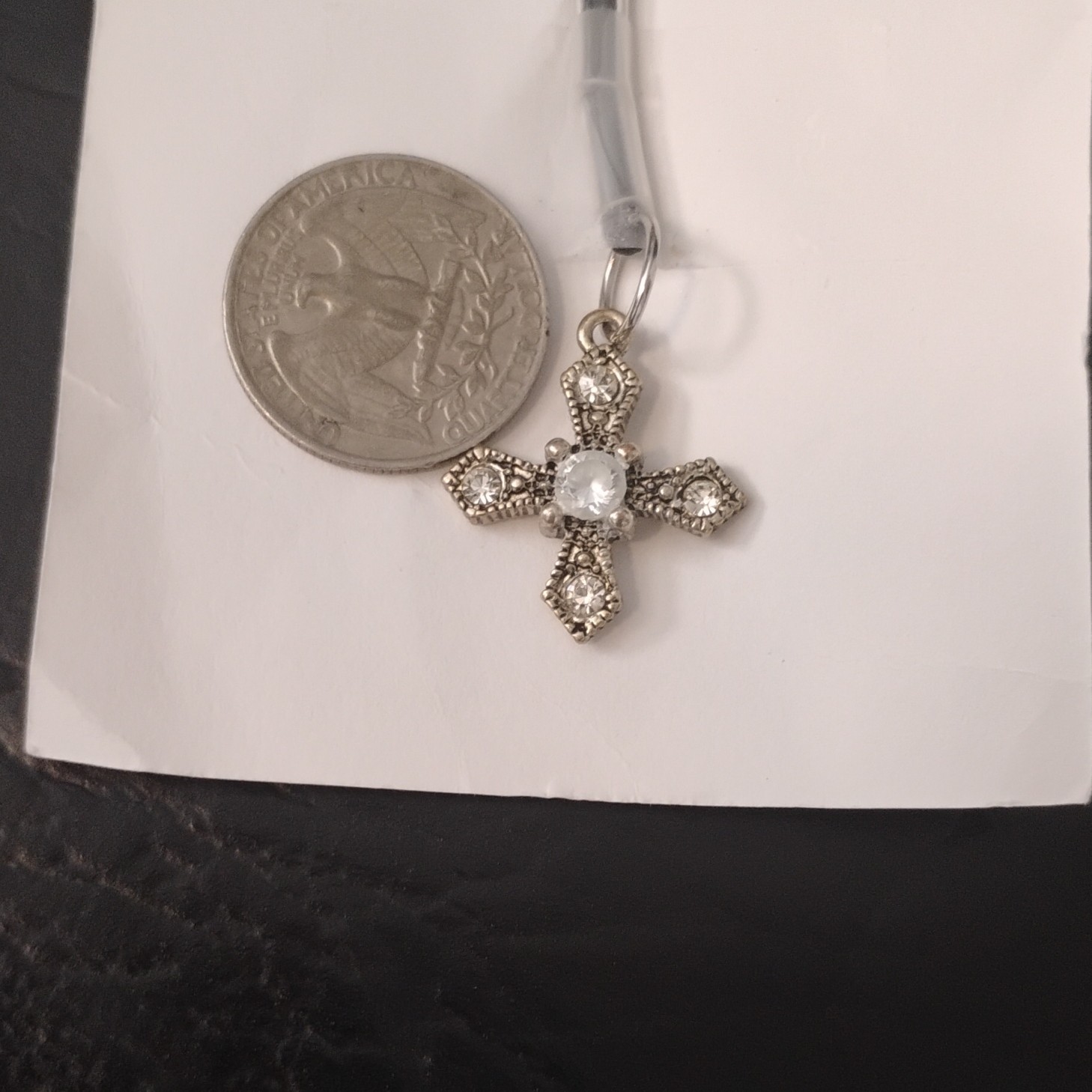 Silver Tone Cross Charm Pendant Cord Necklace, Clear Round Crystal, Lobster